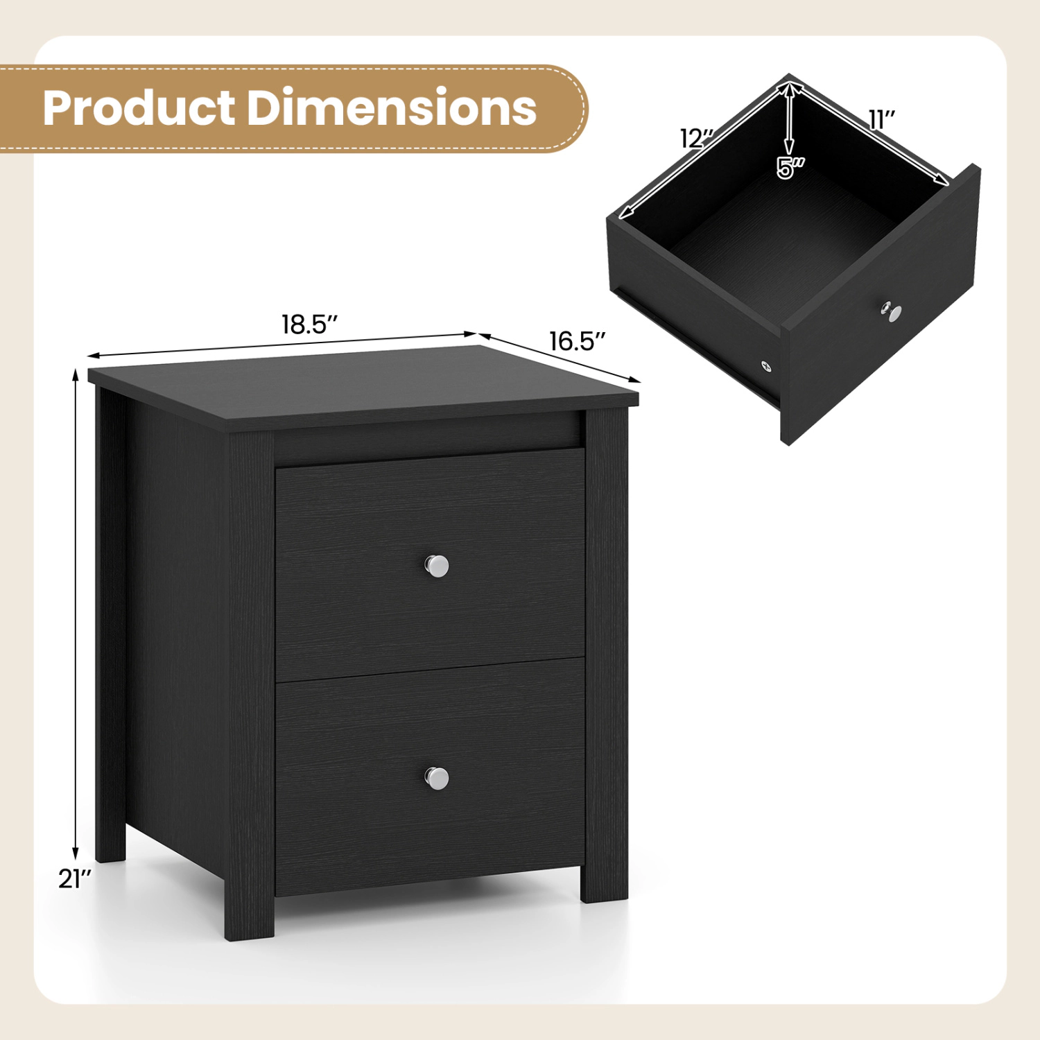 Glintex 2-Drawer Nightstand with Sealed Board Edges and Sleek Metal Handles