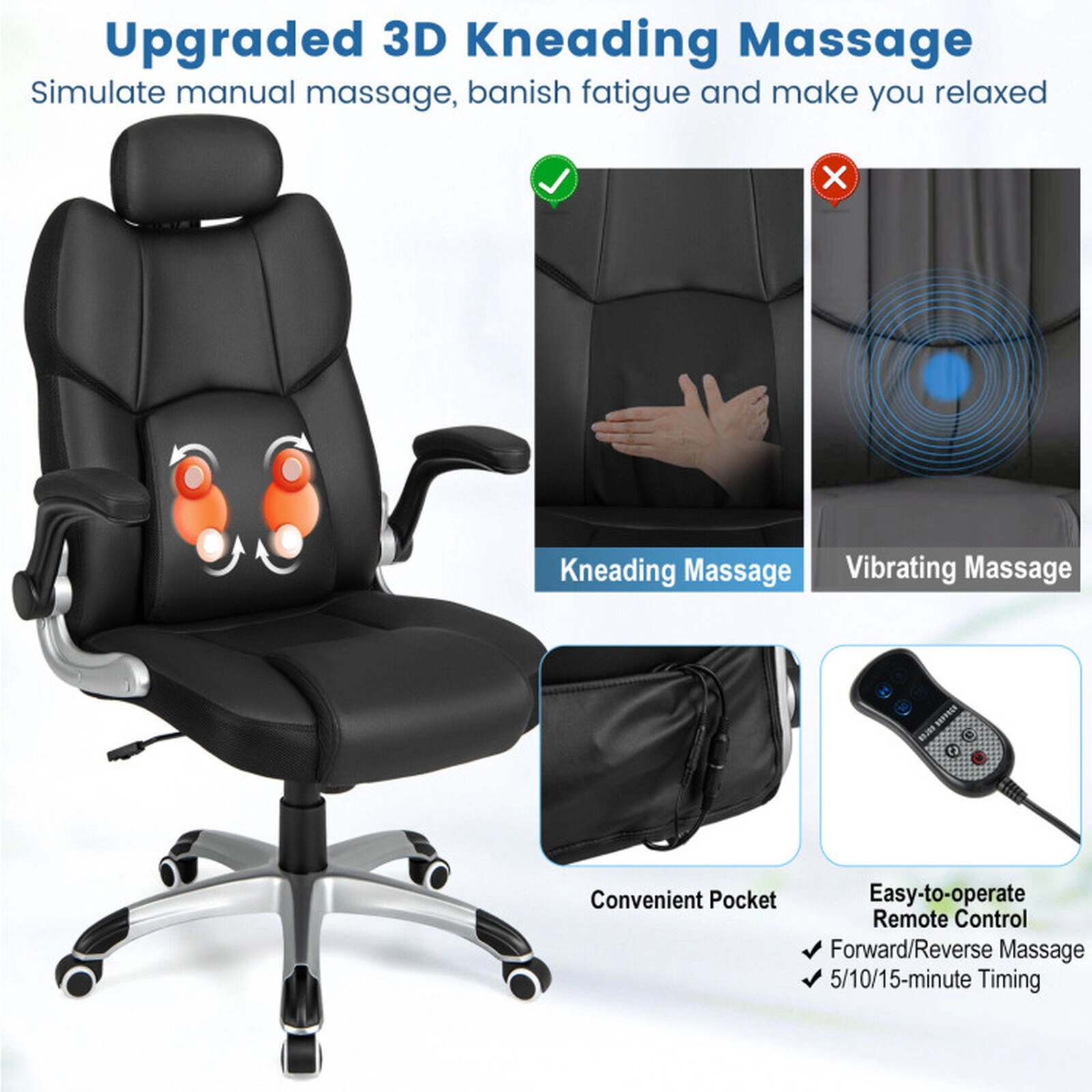 SUGIFT Kneading Massage Office Chair with Adjustable Headrest 29 x 30.5 x 47-51 in 22 x 22 in Seat 300-lb Capacity Black