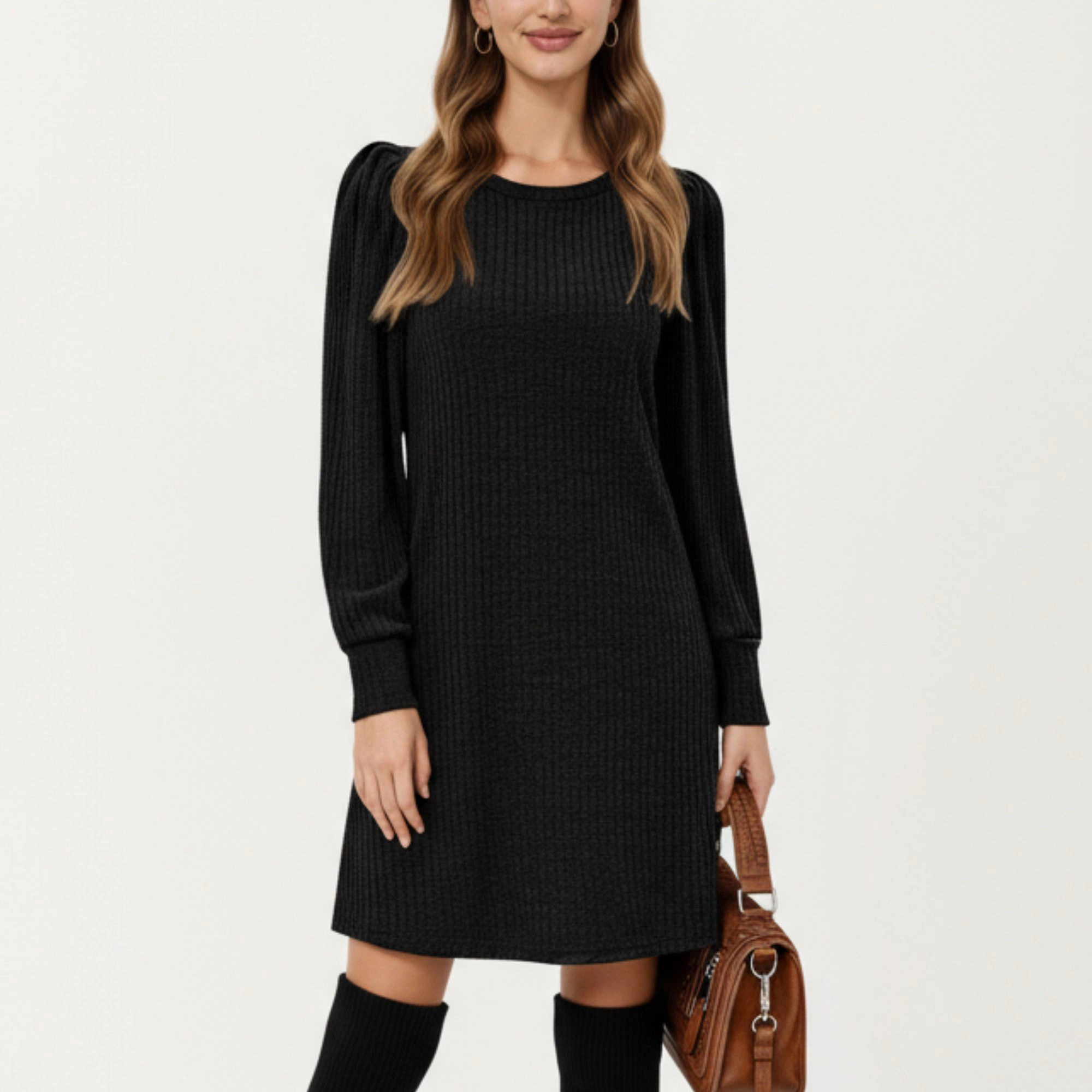 Anna-Kaci Women's Ribbed Knit Long Sleeve Puff Shoulder A-Line Dress