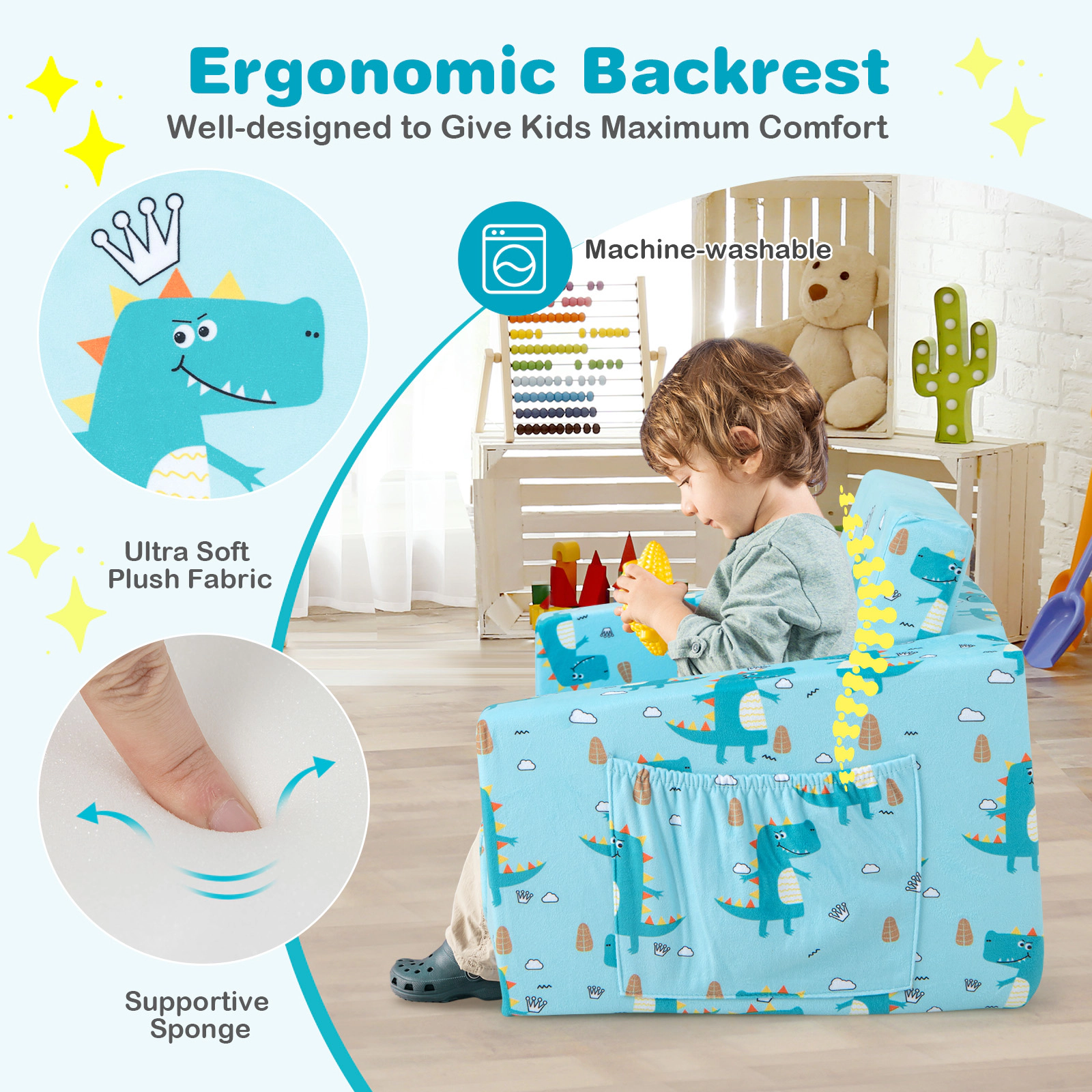 SUGIFT Blue Dinosaur Velvet Convertible Toddler Couch Sleeper, 110 lb Capacity