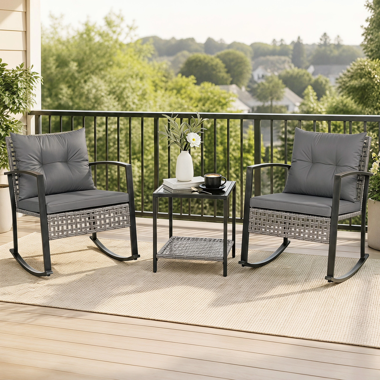 LJG 3-Piece Outdoor Rocking Chair Set for Garden