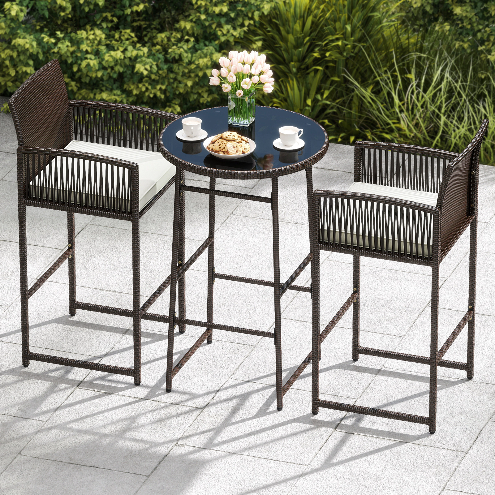 SUGIFT Patio Bar Set with Bar-Height Table and Armchairs 400-lb Chair Capacity Mix Brown Rattan Off White Cushions