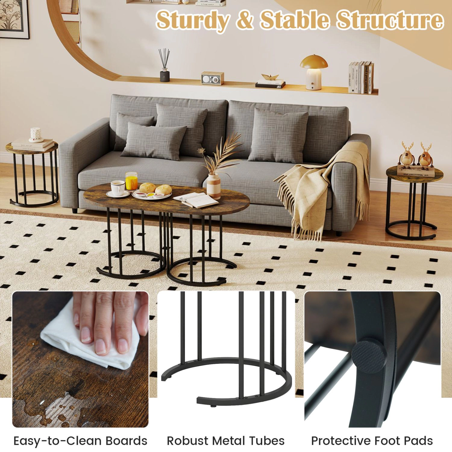 SlickBlue Living Room Nesting Table Set of 3 with Storage Surface