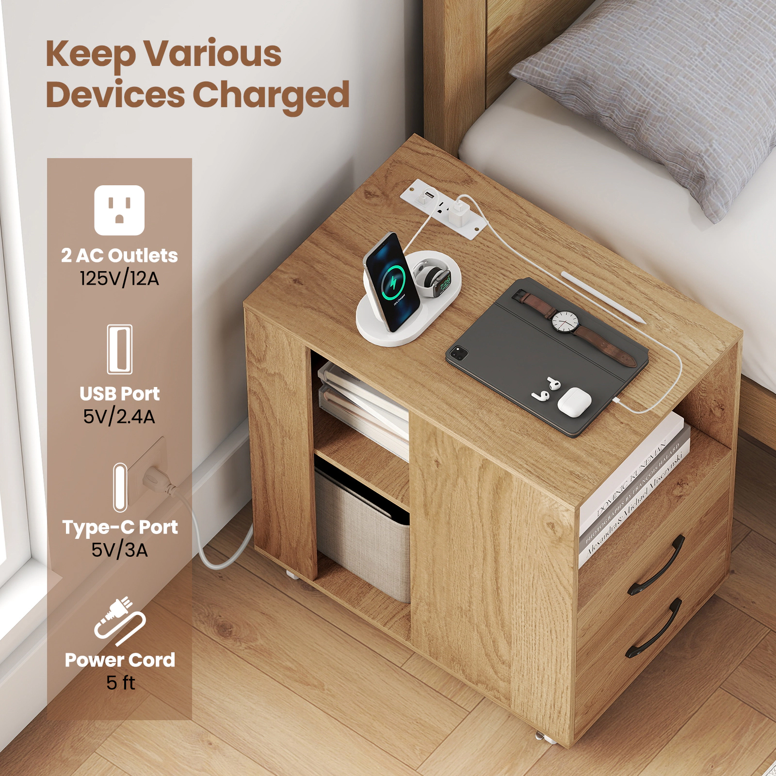SUGIFT End Table with Built-in Charging Station Sofa Side Bedside Table on Wheels Natural/White