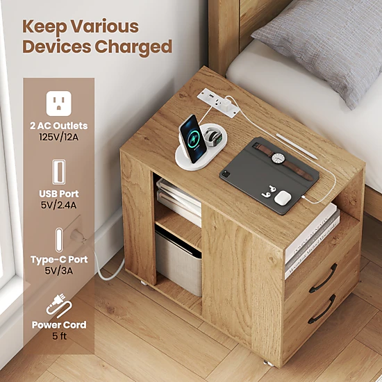 Glintex Double-Sided End Table with Charging Station 2 Drawers and Swivel Wheels