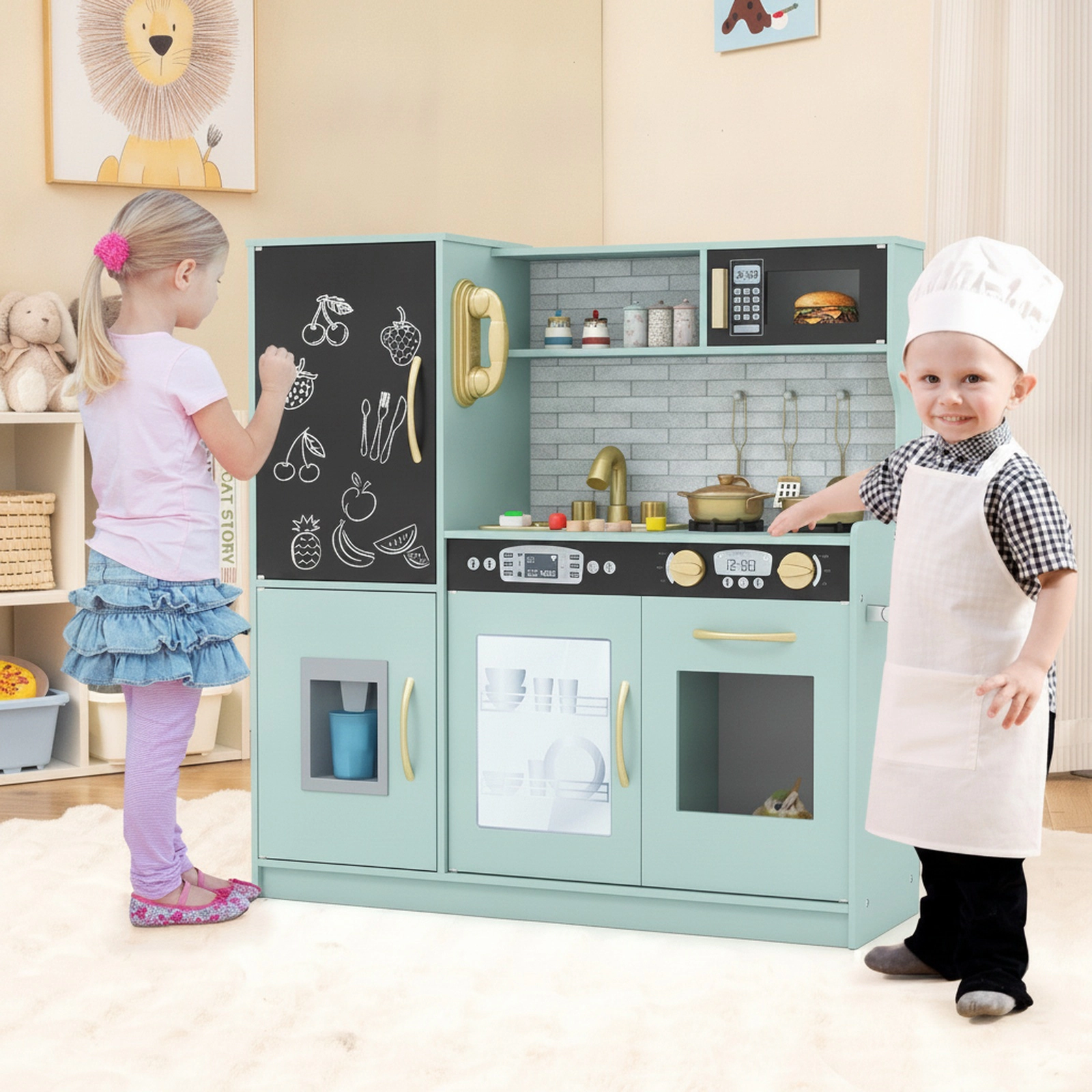 Toddler Play Kitchen Anti-Toppling Anchor Removable Sink Blackboard 32-in Slim Kitchen Playset Ages 3-6 Green