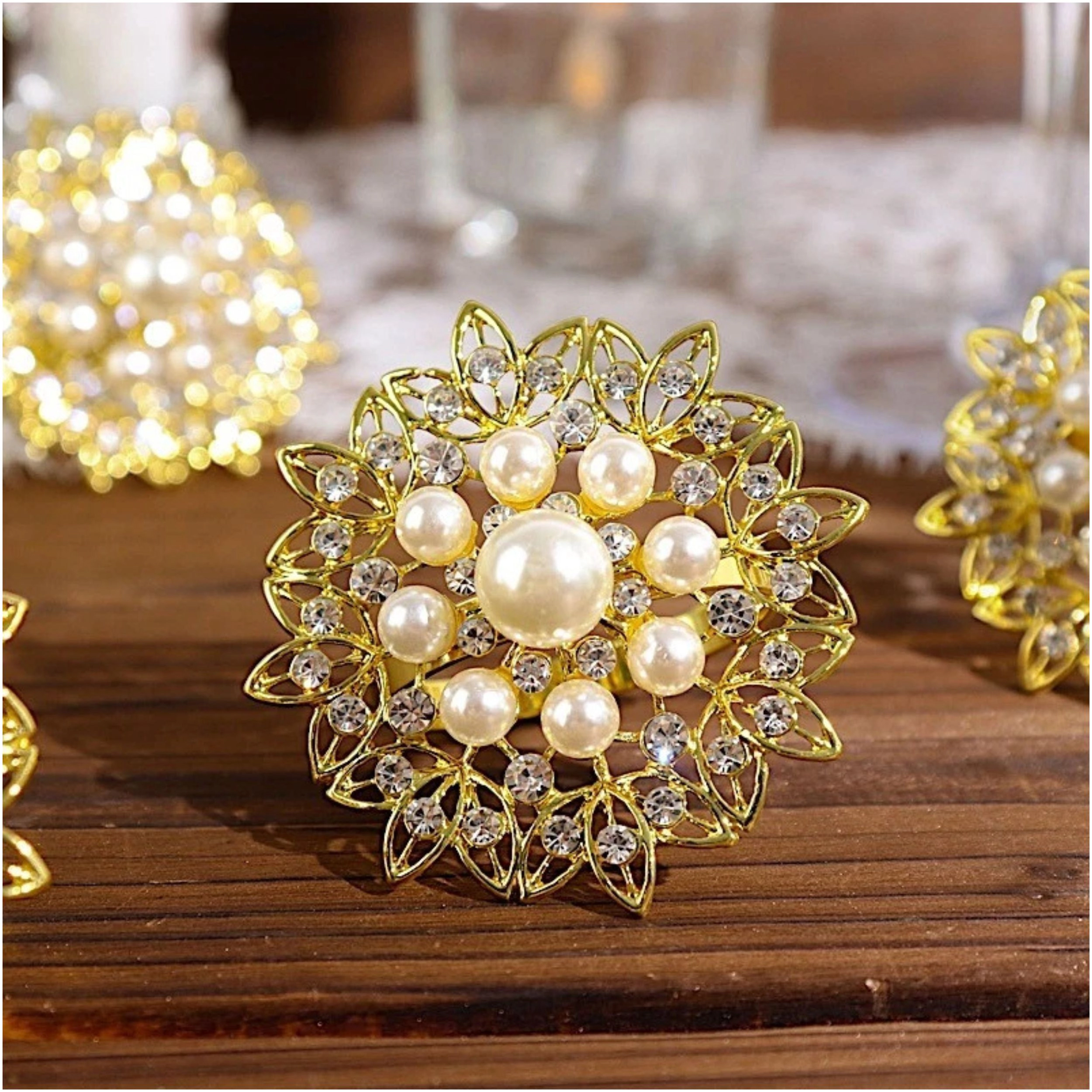 Home Collection Set of 4 Metal Flower Napkin Rings with Faux Pearls and Rhinestones