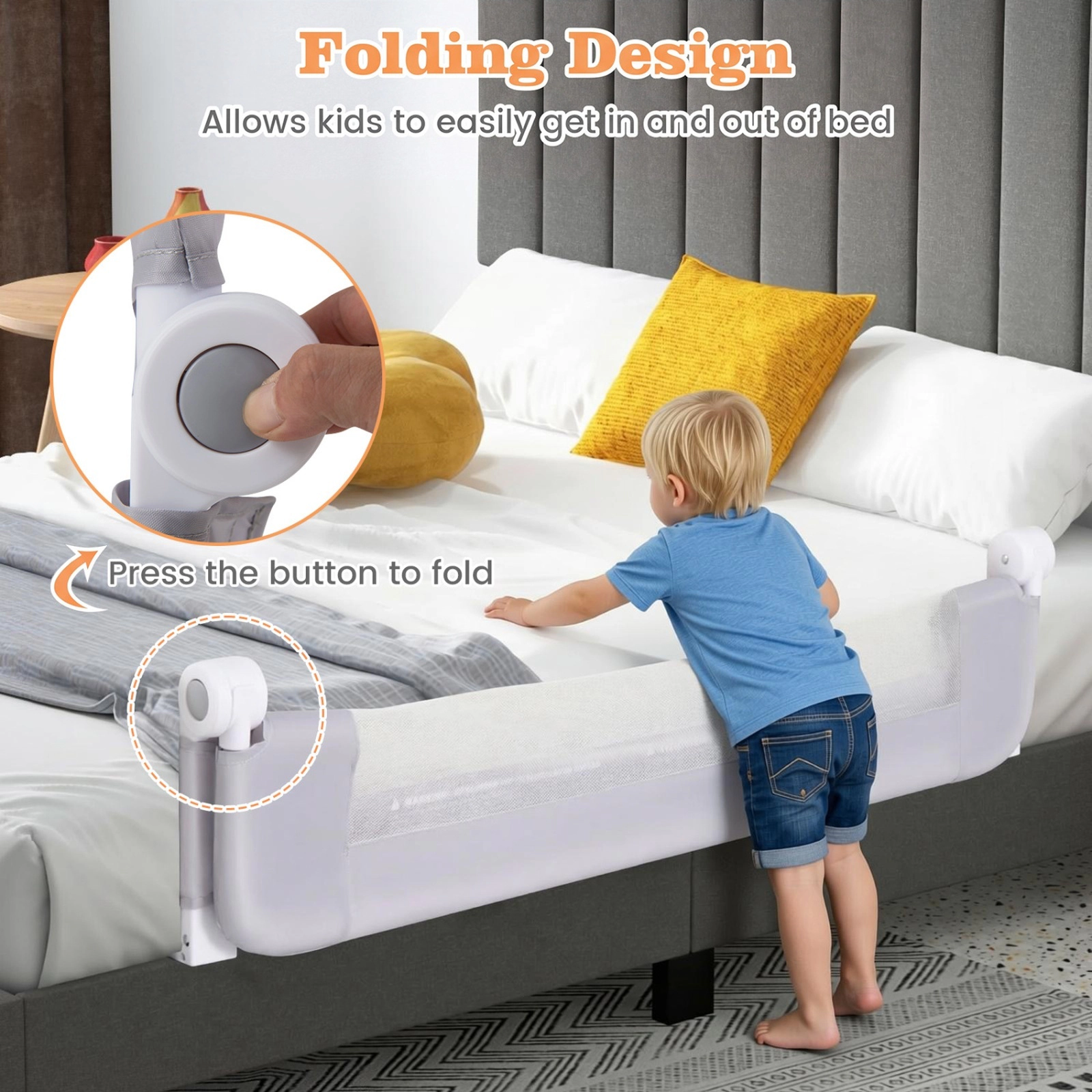 47-in Foldable Bed Rail for Toddlers Swing Down Bed Guard with Adjustable Strap Washable Cover Tool-Free Install White