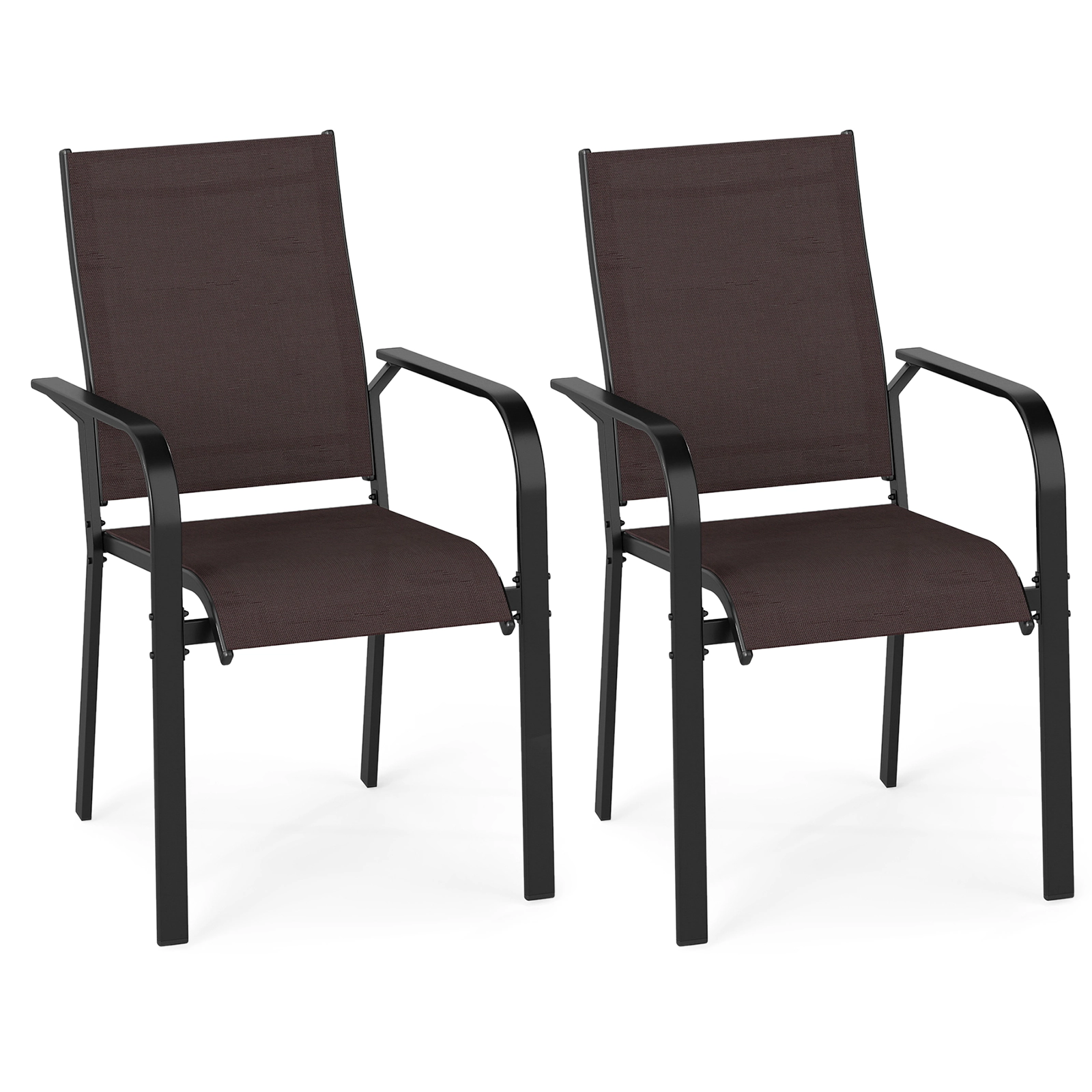 SUGIFT Stackable Metal Patio Dining Armchairs with Breathable Mesh 350-lb Capacity Coffee 22 x 21 x 36 in Set of 2