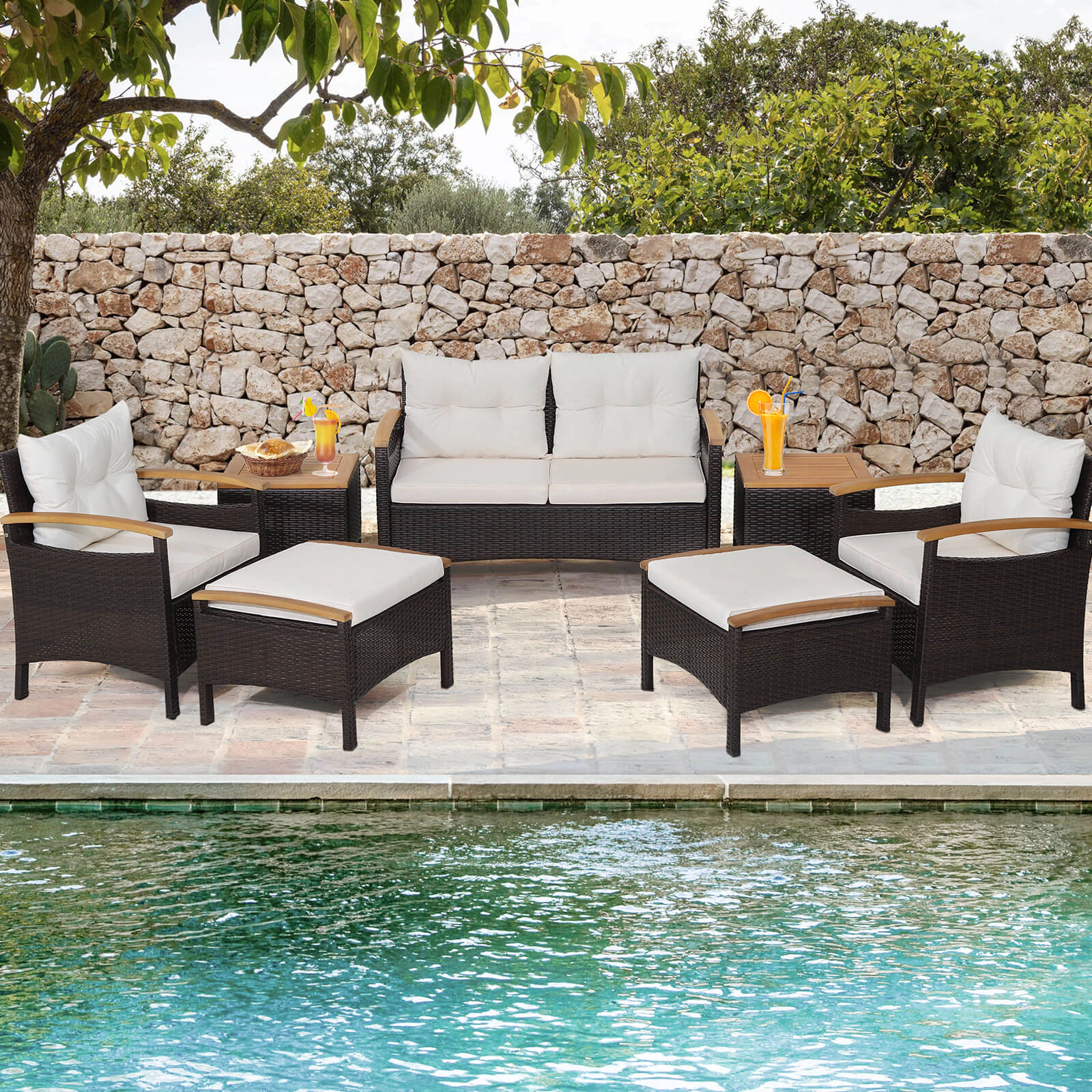 SUGIFT 7-Piece Off-White PE Rattan Patio Sofa Set with Acacia Wood, Ottomans and Tables