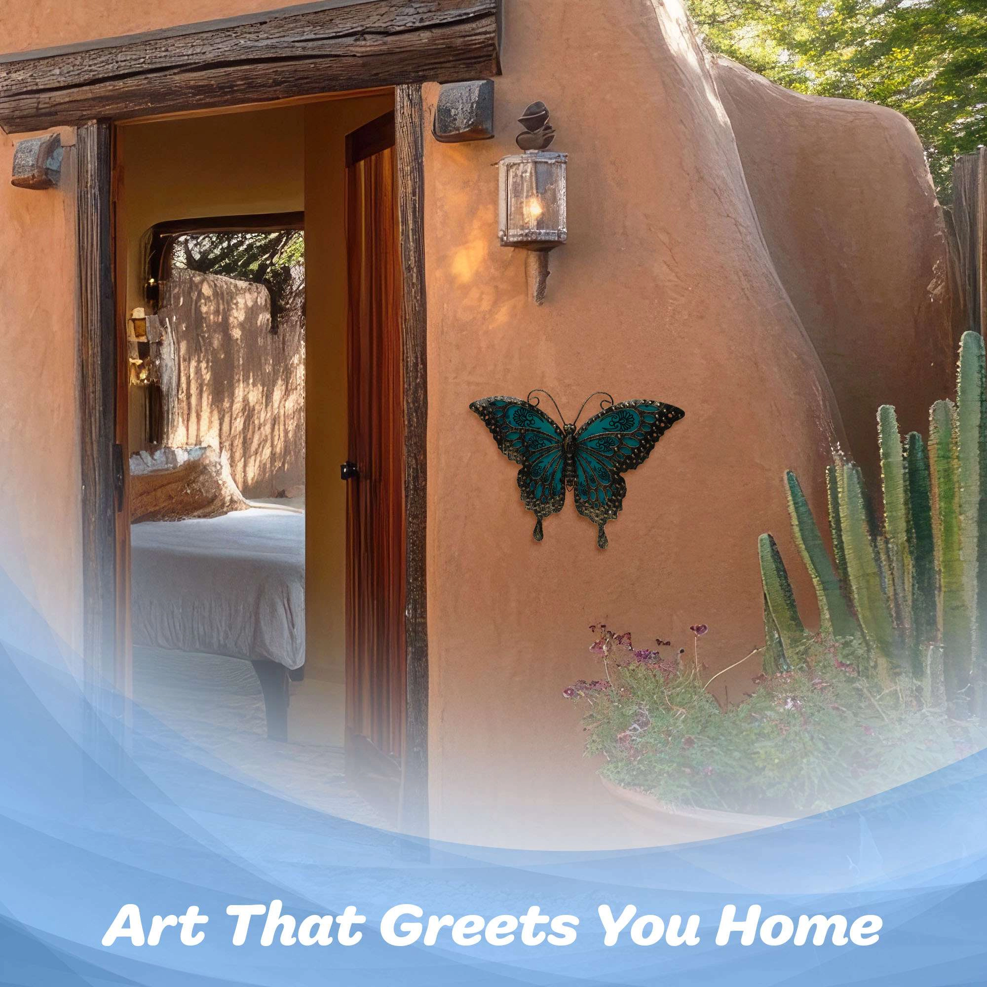 G128 Hand-Painted Iron Butterfly Wall Art - Black and Green 12 x 9 in, Indoor Outdoor Hanging Decor
