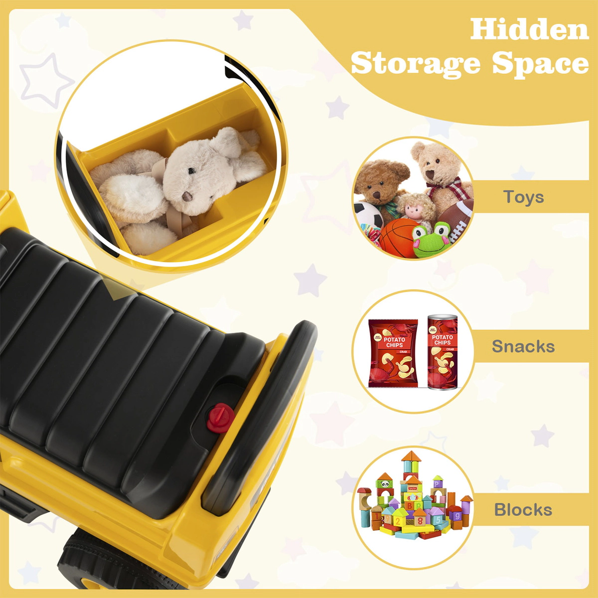 SUGIFT Yellow Under Seat Storage Kids Licensed Caterpillar Ride On Digger Foot to Floor
