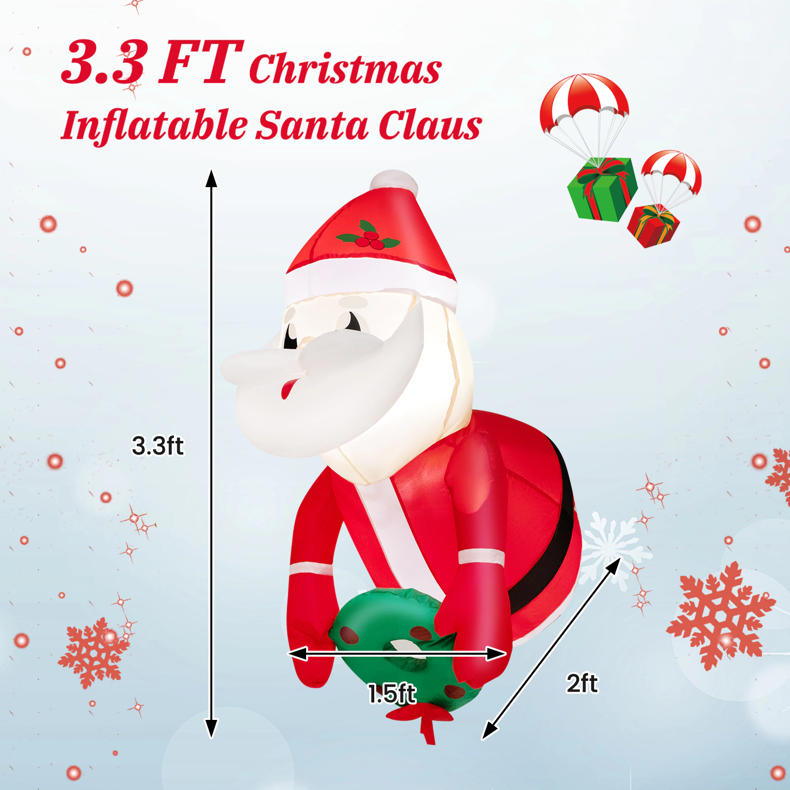 SUGIFT 3.3-ft Lighted Inflatable Santa Claus Window Decoration with Built-in Blower 0.9-lb Polyester Fabric Red