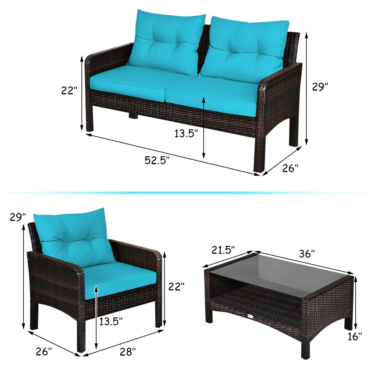 LJG 4 Pieces Outdoor Rattan Wicker Loveseat Furniture Set with Cushions