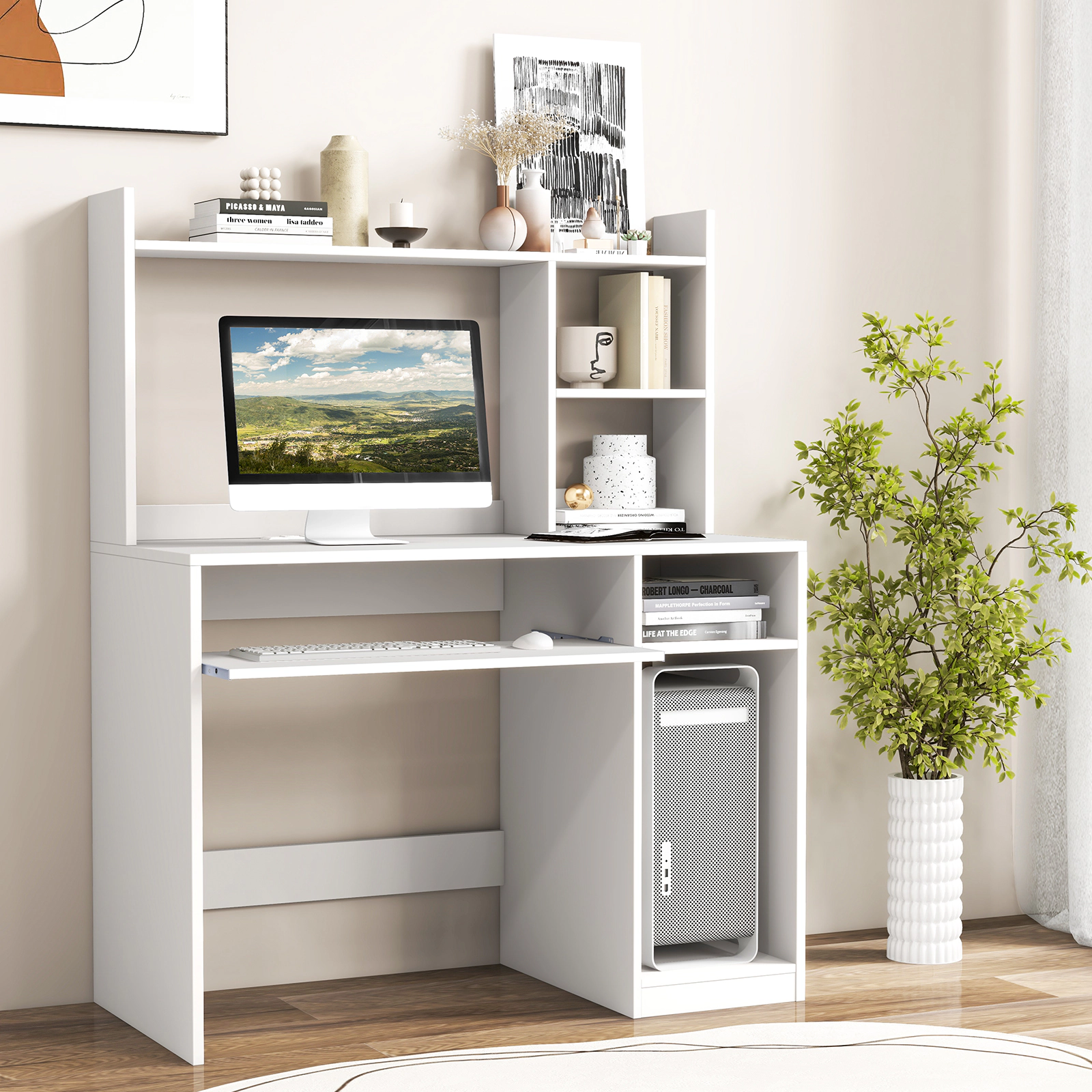 Costway Computer Desk Study Bookcase Workstation with Charging Station Hutch & CPU Stand