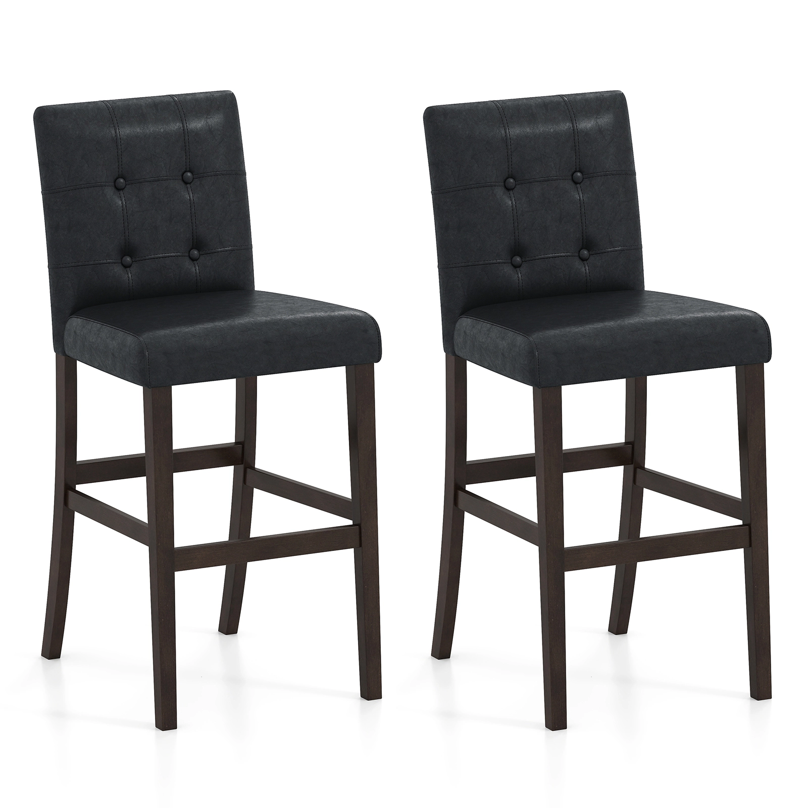 SUGIFT Set of 2 PVC Leather Bar Stools with Solid Wood Legs 243-lb Capacity Black