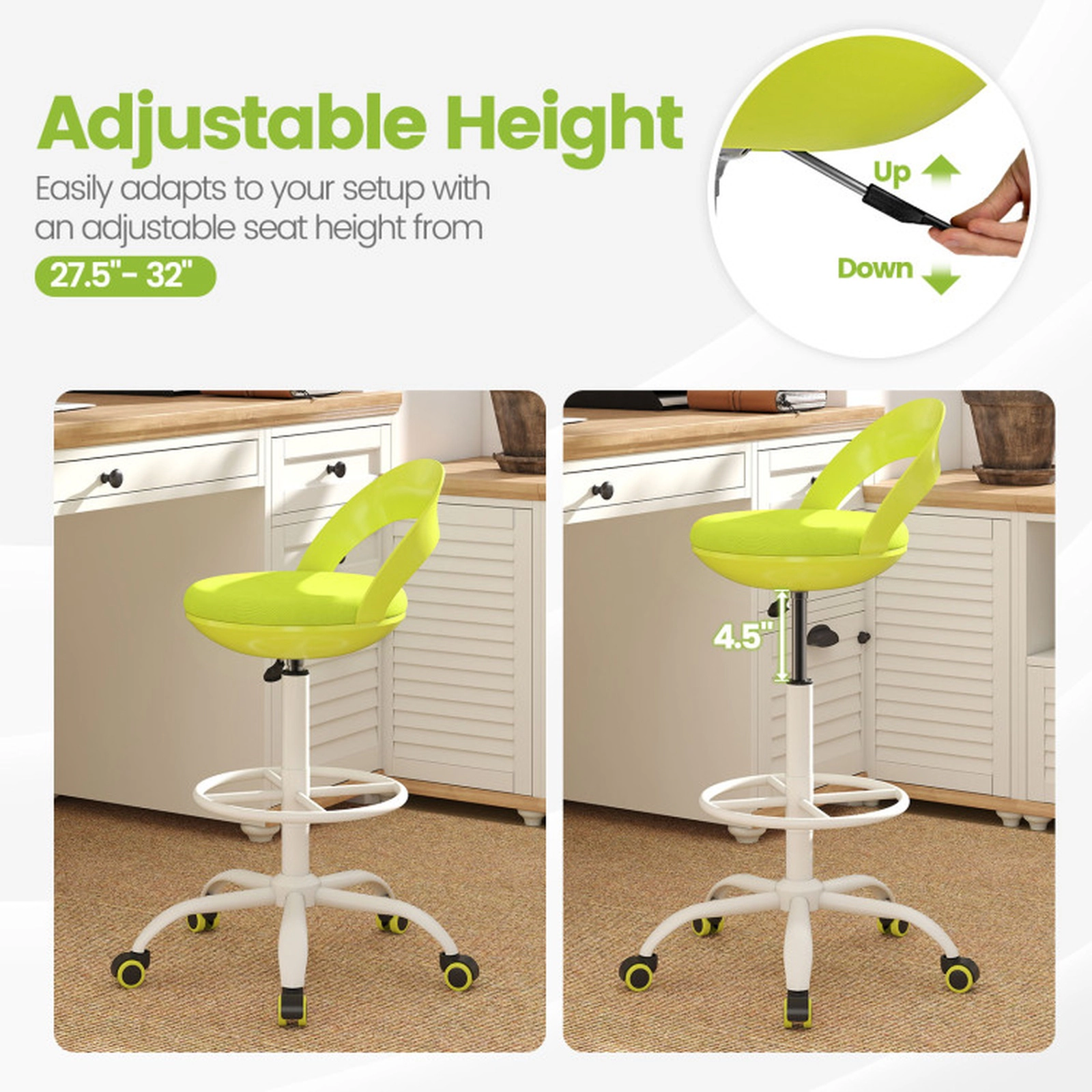 SUGIFT Adjustable Height Mesh Cushion Footrest Ring Rolling Drafting Stool 20.5-in x 18.5-in x 35-in 350-lb Green