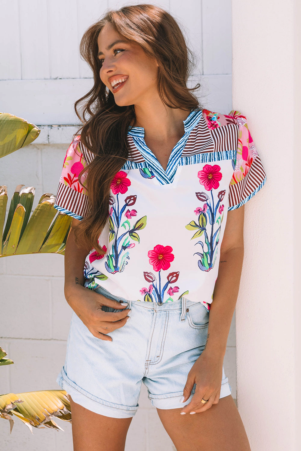 Threaded Pear Women's Maya Floral Striped Split Neck Blouse