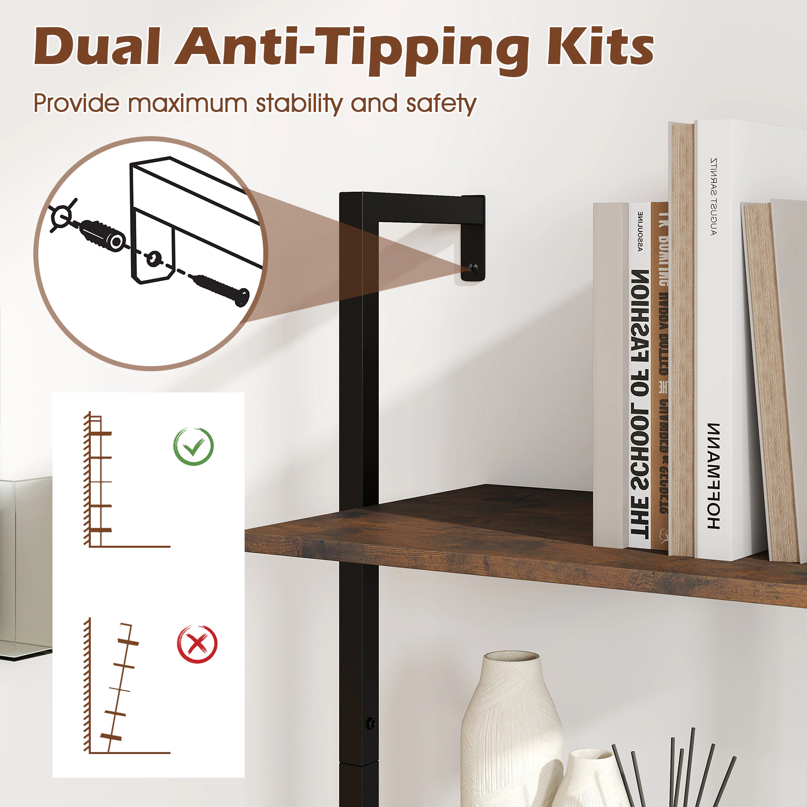 SUGIFT 5-Tier Wall Mount Ladder Bookshelf with Anti-Tipping Kits 33-lb Per Shelf Capacity Rustic Brown & Black