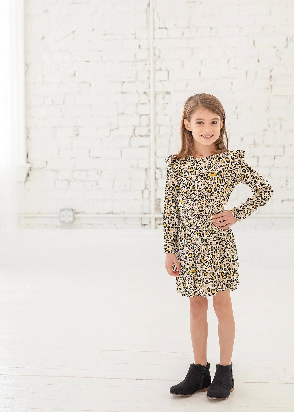 Mabel and Honey Piper Rayon Dress, Long Sleeve Smocked Waist Leopard Print