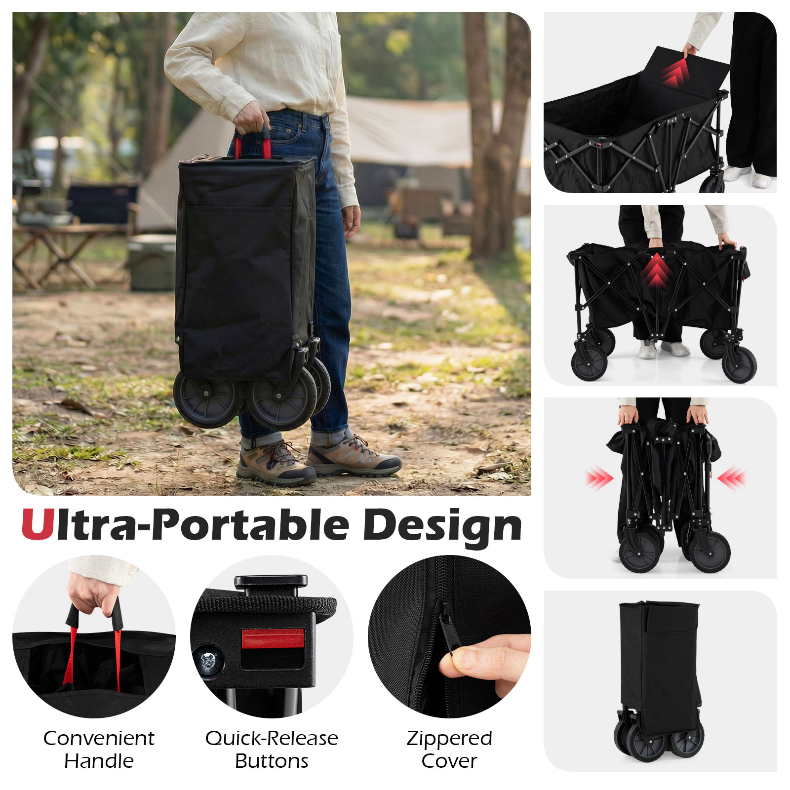 SUGIFT Black 400-lb Capacity Collapsible Foldable Utility Wagon Cart with Zippered Cover and Cup Holders