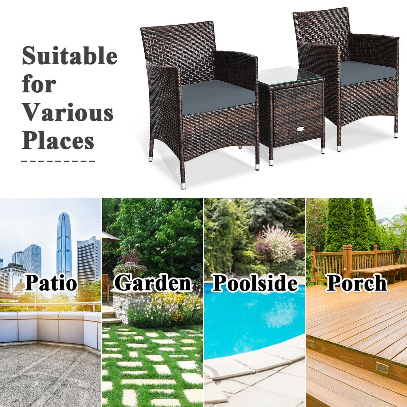 SUGIFT 3-Piece Gray Outdoor Rattan Wicker Set with Cradle-Seat Chairs and Glass Table