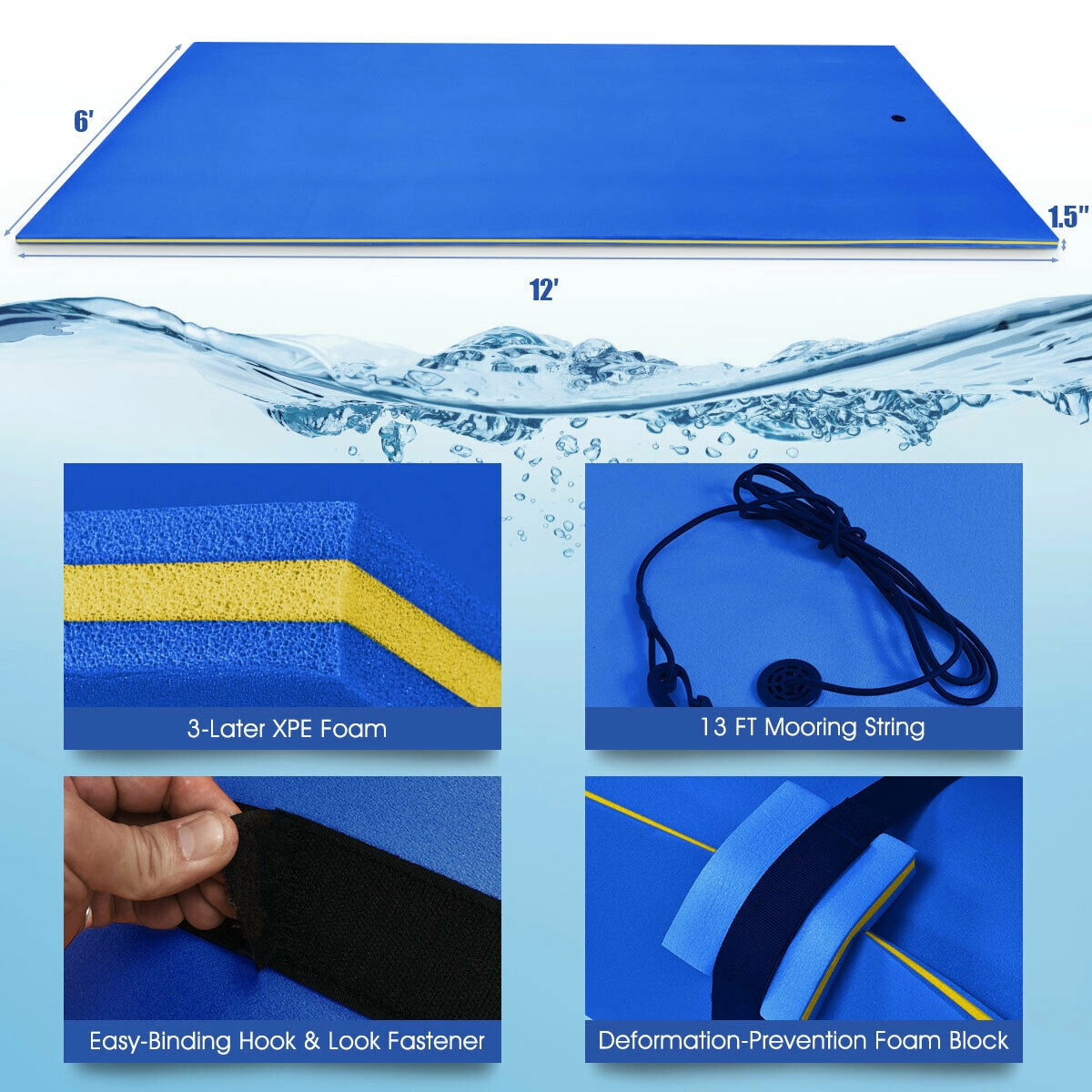 SUGIFT 12-ft x 6-ft 882-lb Capacity Blue 3-Layer XPE Foam Floating Water Pad with 13-ft Bungee Tether