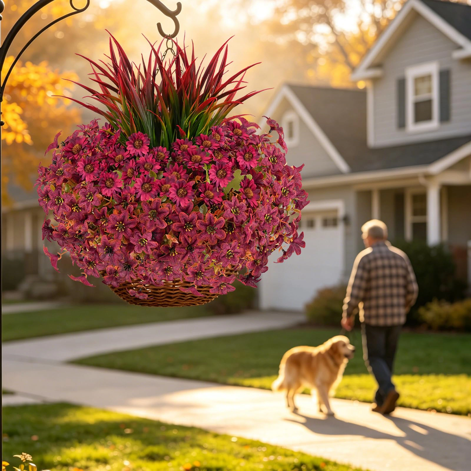PUPWE 18 Artificial Fall Flowers For Outdoors  Faux Mums With Grass