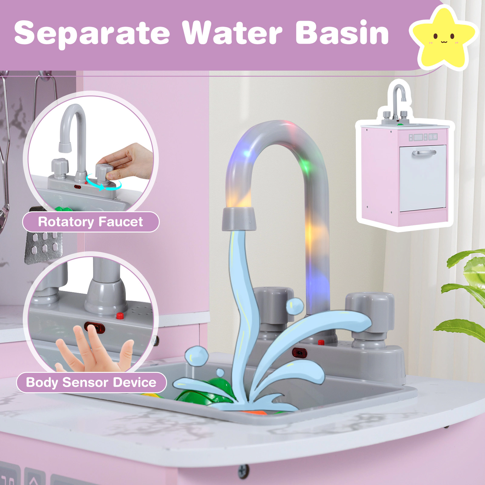 Corner Pretend Play Kitchen for Toddlers Chef Hat Apron Rotary Faucet Basin 17.5-in Countertop 39.5-in x 19.5-in x 32-in
