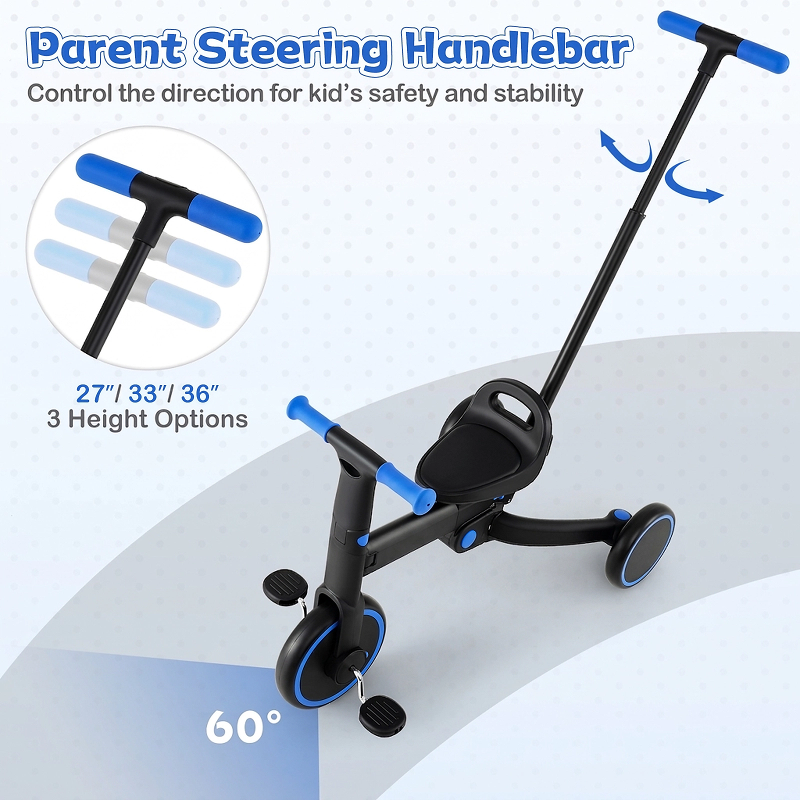 Kids Trike Stroller 4-in-1 Folding Toddler Tricycle Parent Steering Handle 2-Way Adjustable Seat 18-60 Months Navy