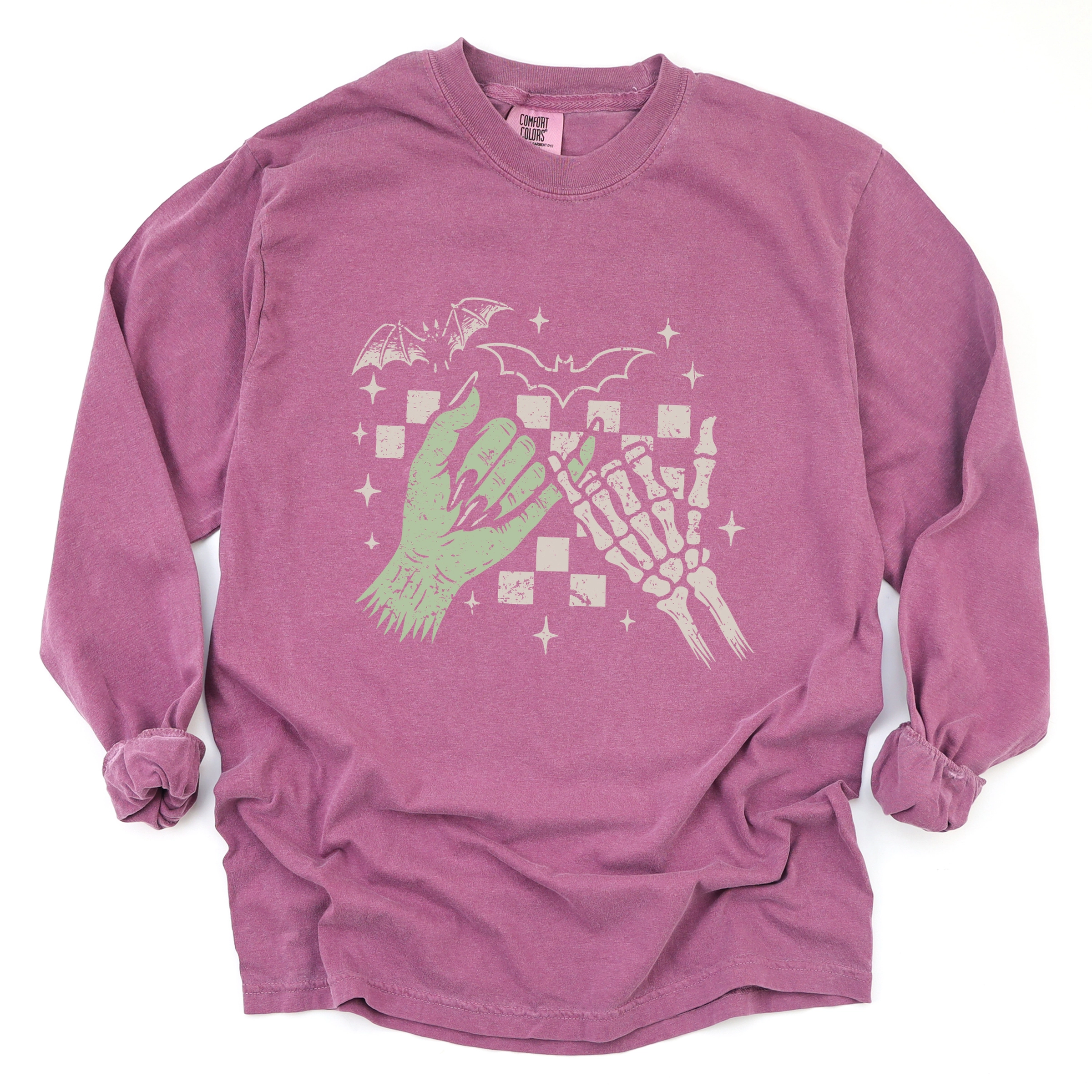 Simply Sage Market - Women's Garment Dyed Long Sleeve Graphic T-Shirt Pinky Promise Skeleton