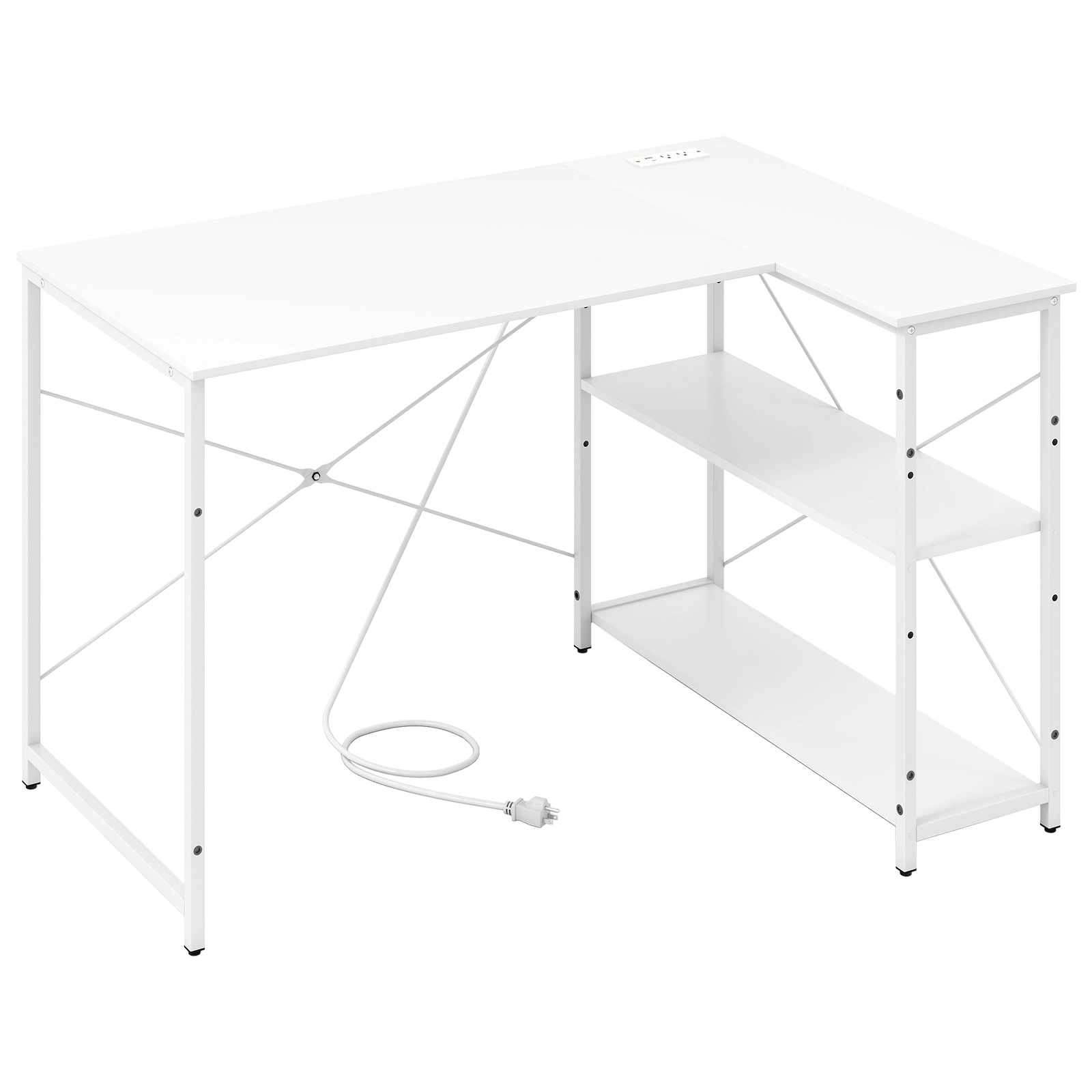 SUGIFT White Reversible L-Shaped Corner Desk with Removable Shelf and Charging Station