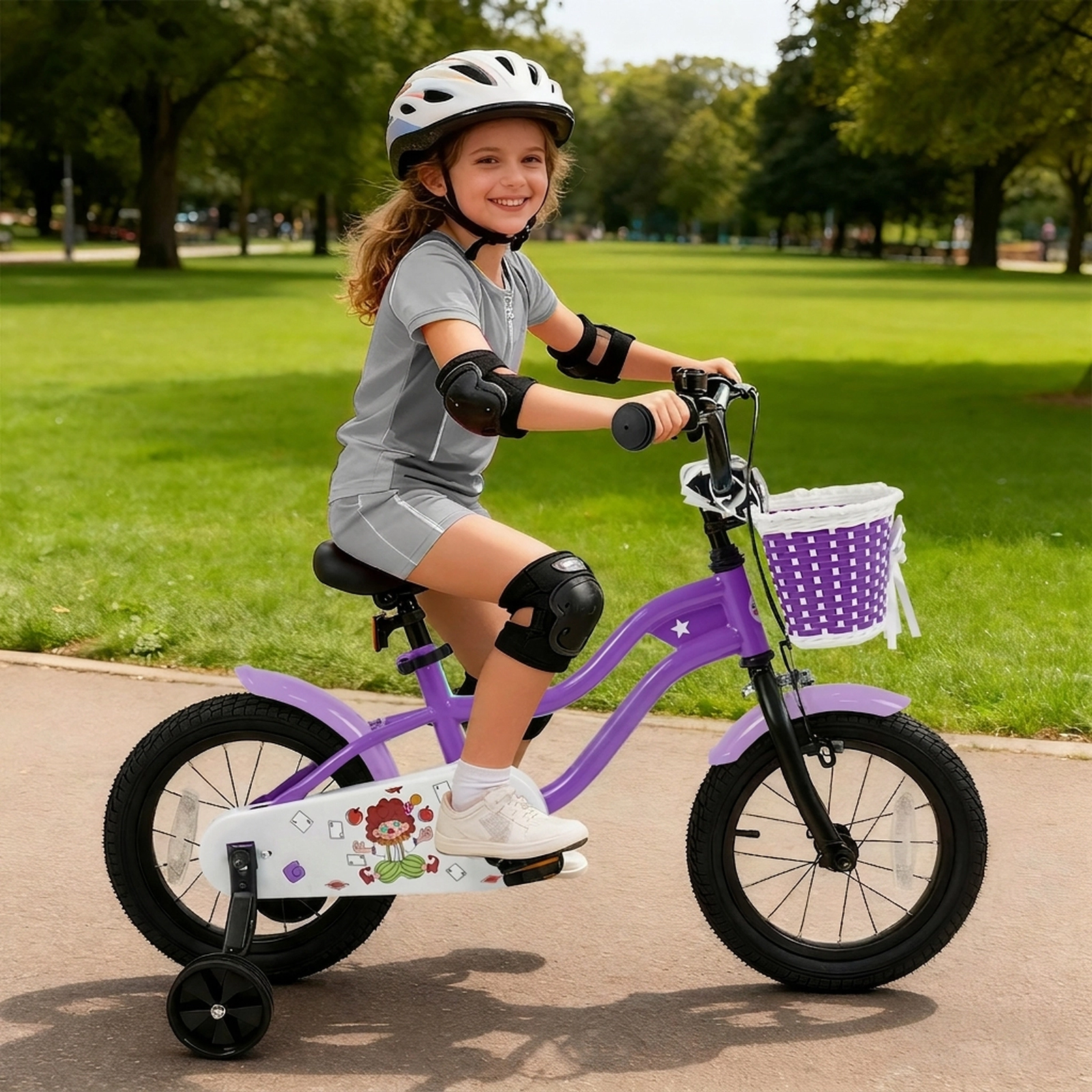 14-in Kids Bike with Removable Front Basket Training Wheels Bell Reflectors and Mudguards for Ages 3-5 Toddler Bicycle