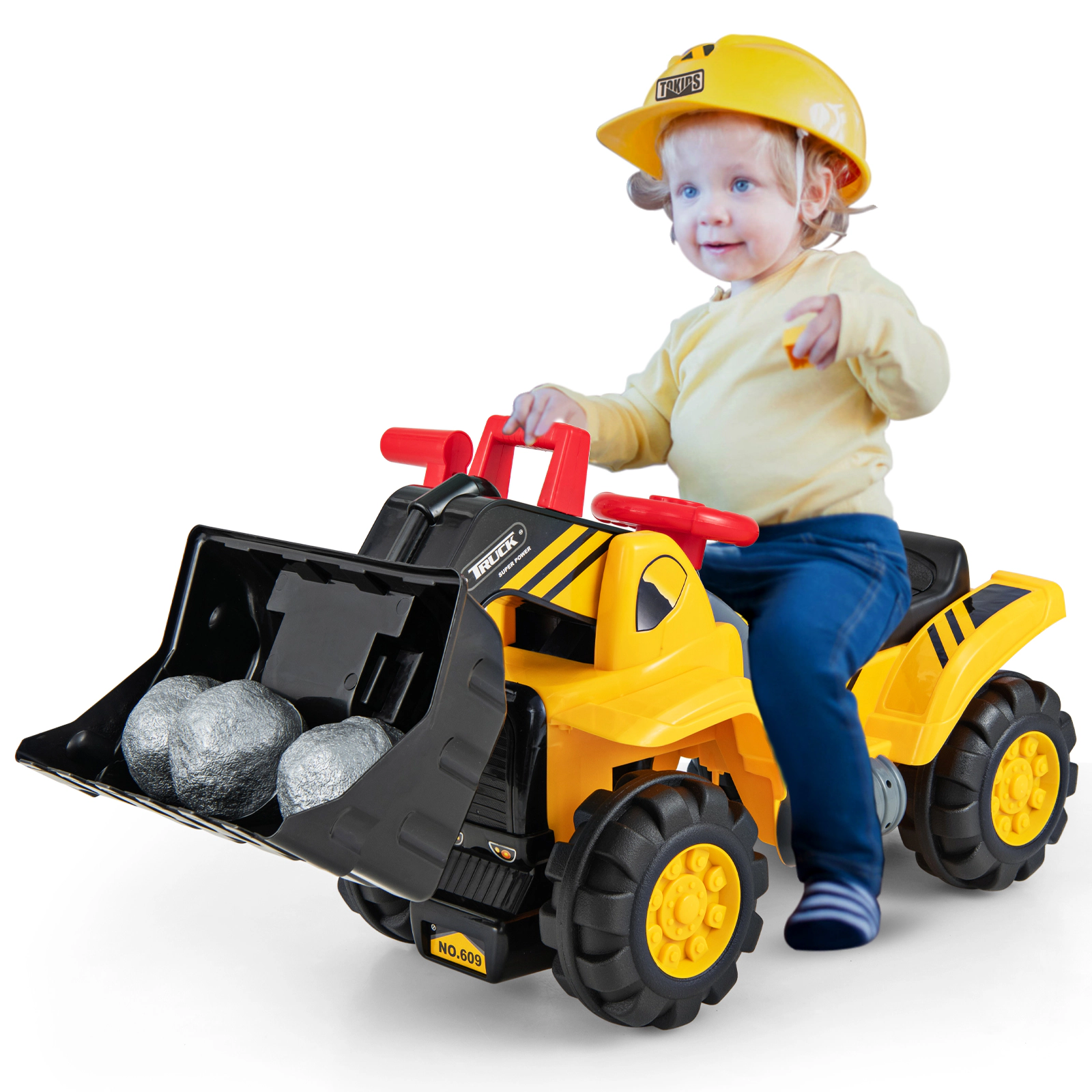 SUGIFT Adjustable Bucket Ride On Bulldozer Toy Play Truck 55-lb Capacity Ages 3+ Yellow with Helmet and Toy Stones
