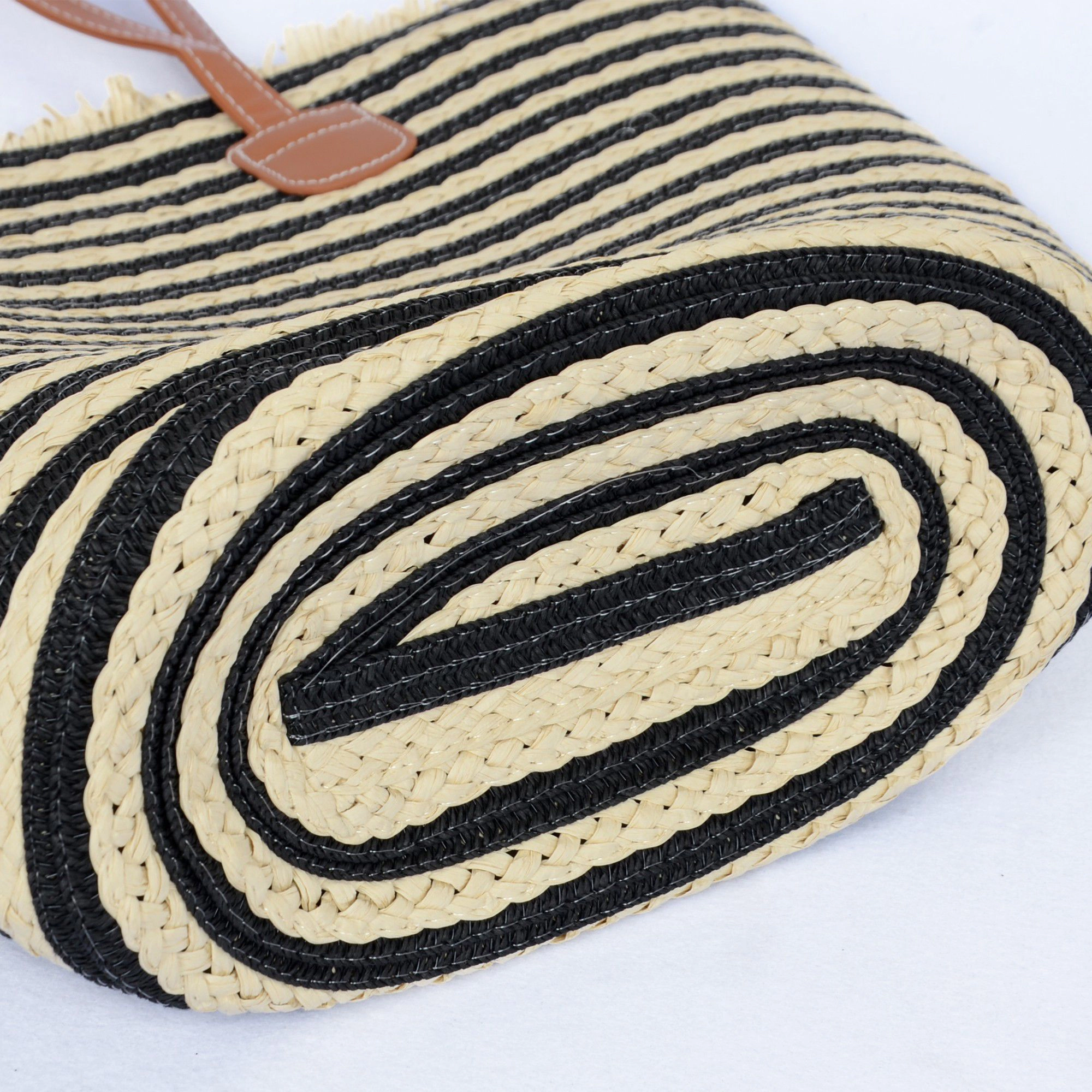 Alilang Women's Striped Woven Tote Bag with Dual Shoulder Straps Frayed Edge Trim and Floral Charm Detail