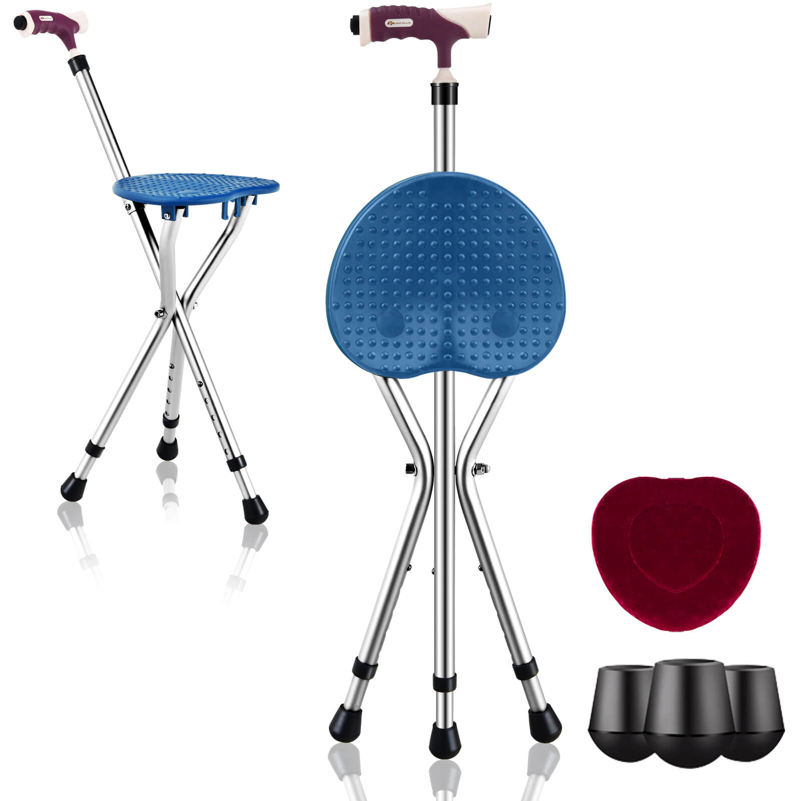 SUGIFT Folding Cane Seat with LED Light, 5 Adjustable Heights, 220-Lb Capacity