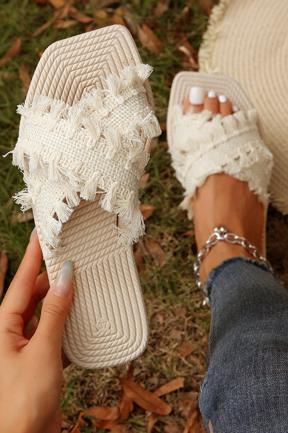Threaded Pear Women's Vada Tassel Woven Crossed Straps Flat Slippers