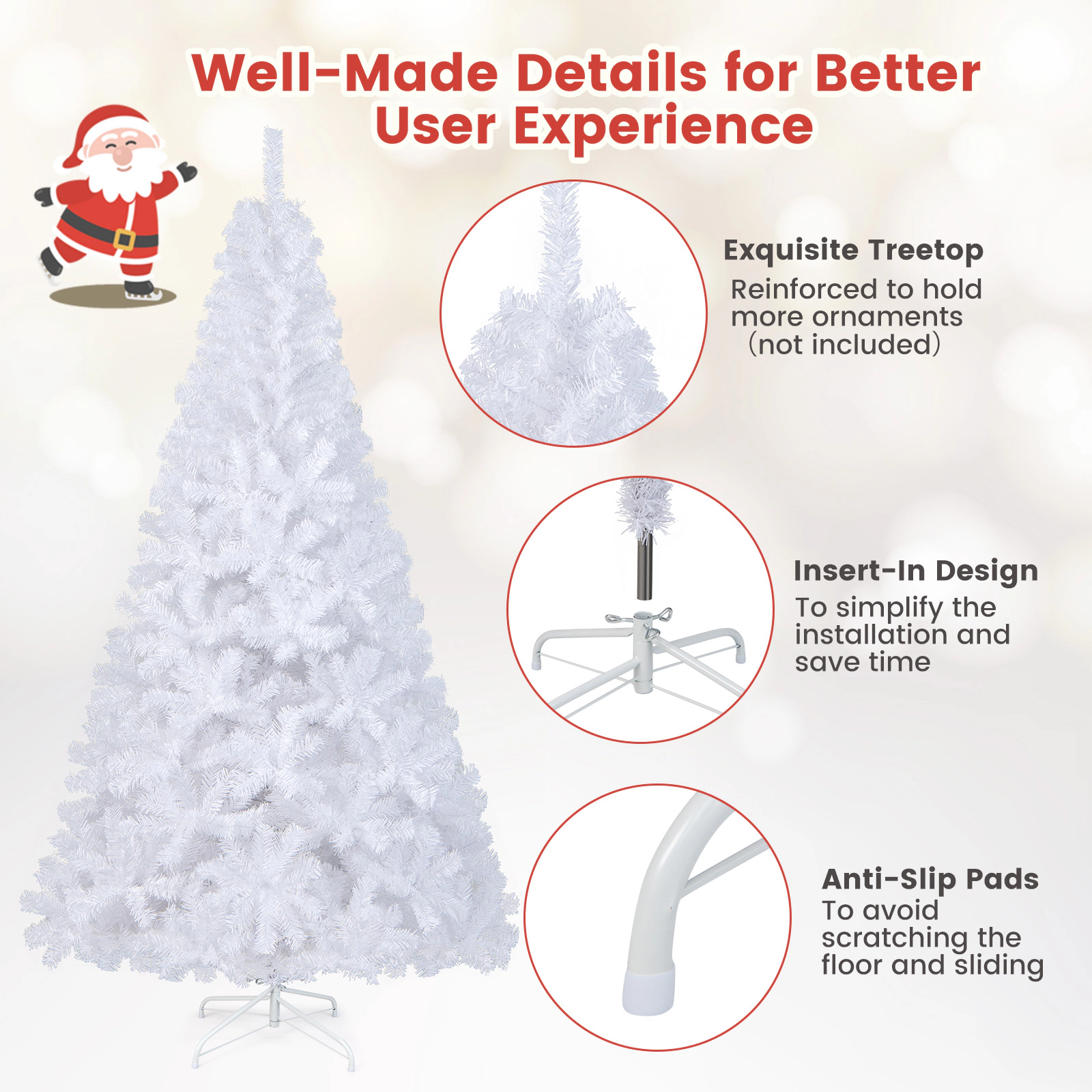 SUGIFT 7-ft White Unlit Artificial Christmas Tree with 950 PVC Branch Tips and Metal Stand 4-ft W