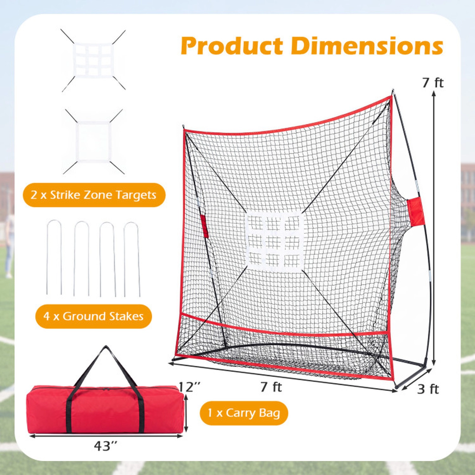SUGIFT Black Baseball Practice Net with 2 Strike Zone Targets and Ball Collection Base 7-ft W 3-ft D 7.4-ft H