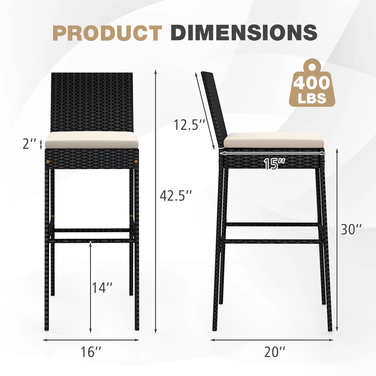 SUGIFT Black Backrest Footrest and Seat Cushions Set of 2 Patio Wicker Bar Stool