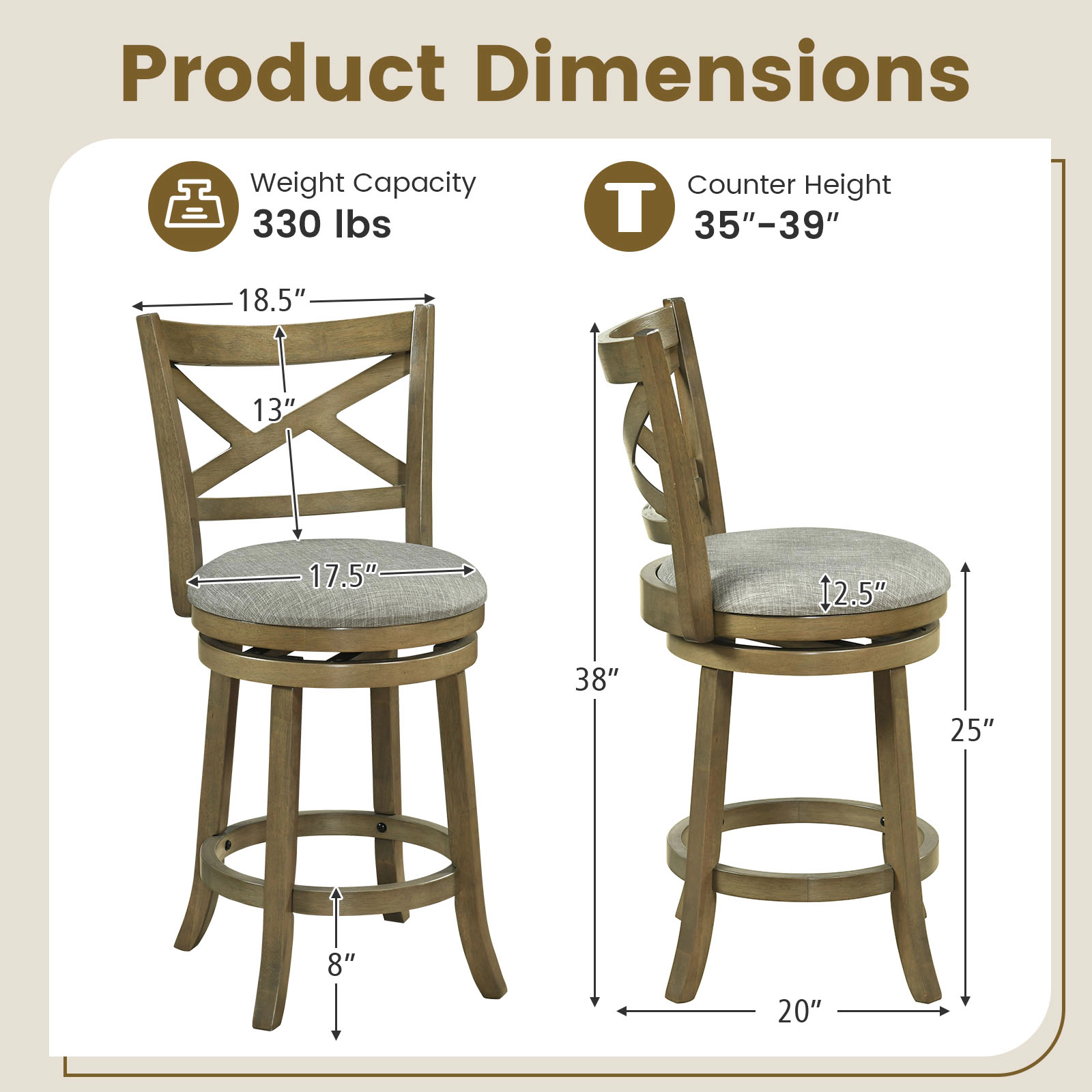 SUGIFT X-Back and Linen Padded Seat Set of 2 Antique Gray 25 in Swivel Bar Stools