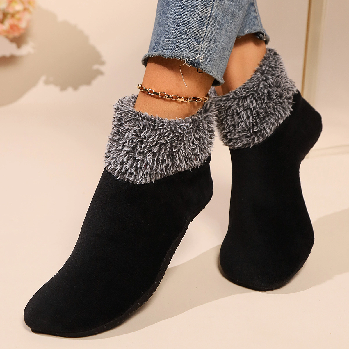 Winter Plush Cuffs Ankle Slipper Socks for Women