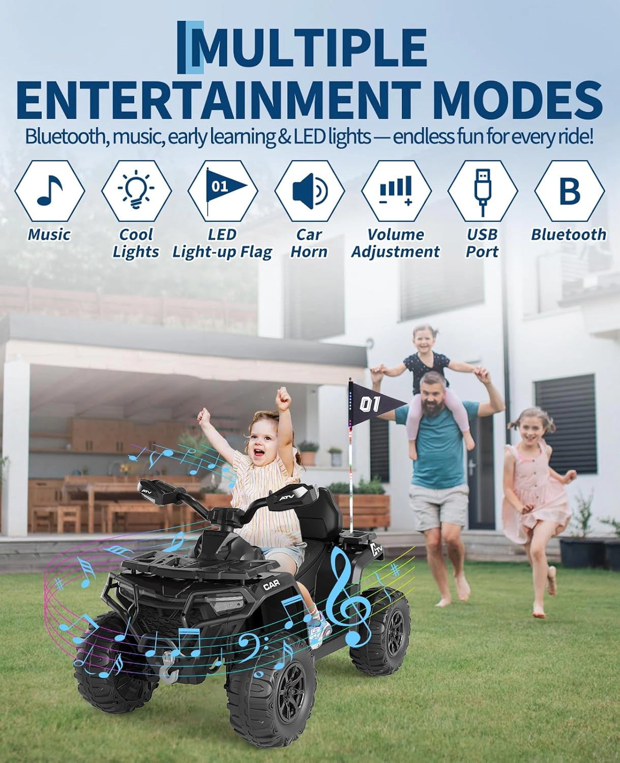 12V Kids Ride On ATV Car with Parent Remote, Off-Road 4 Wheeler w/ Suspension, LED Flag, Bluetooth, USB