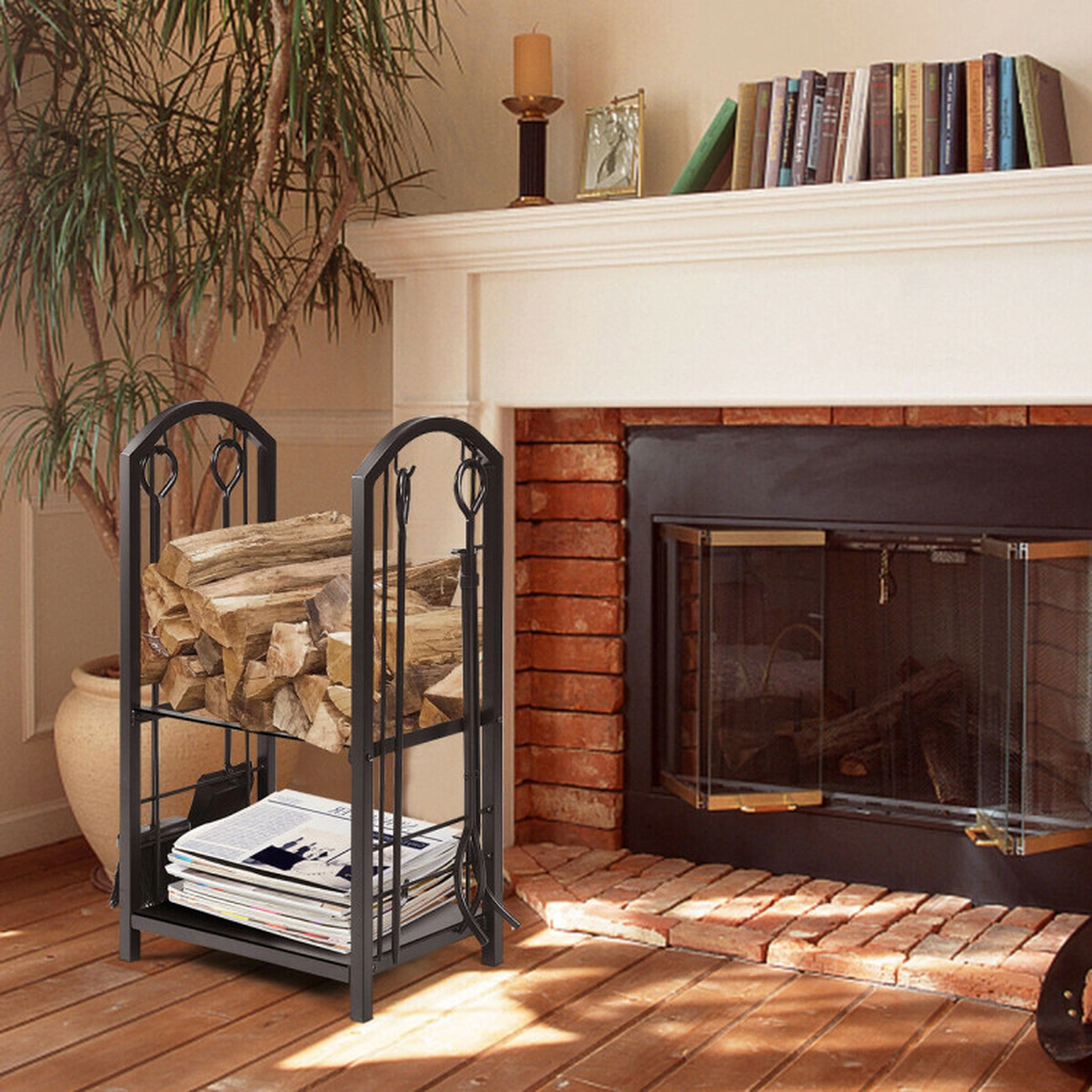 SUGIFT 2-Shelf Wrought Iron Firewood Rack with 4-Piece Fireplace Tool Set