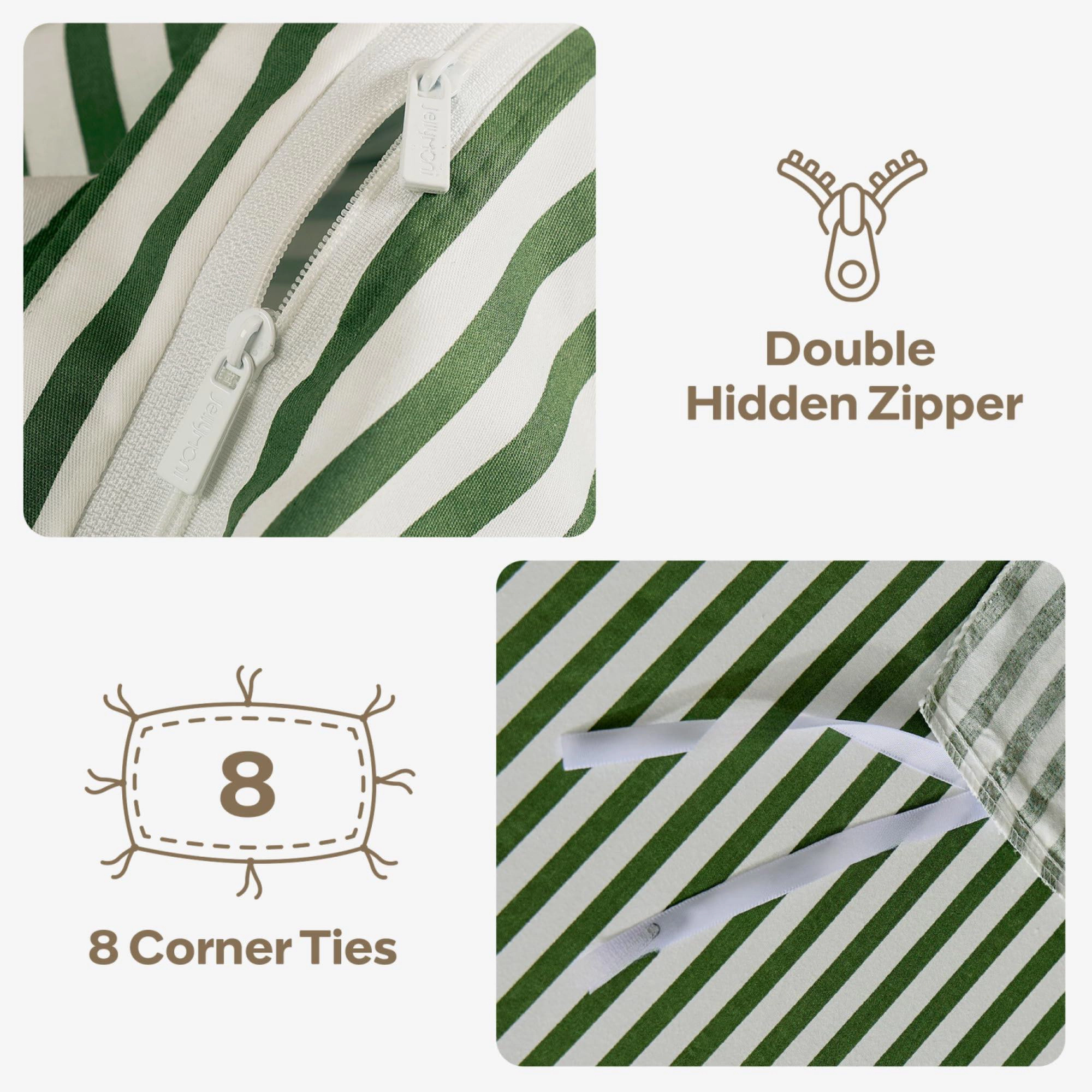 PUPWE Ton Printed Striped Queen Duvet Cover Set  Green