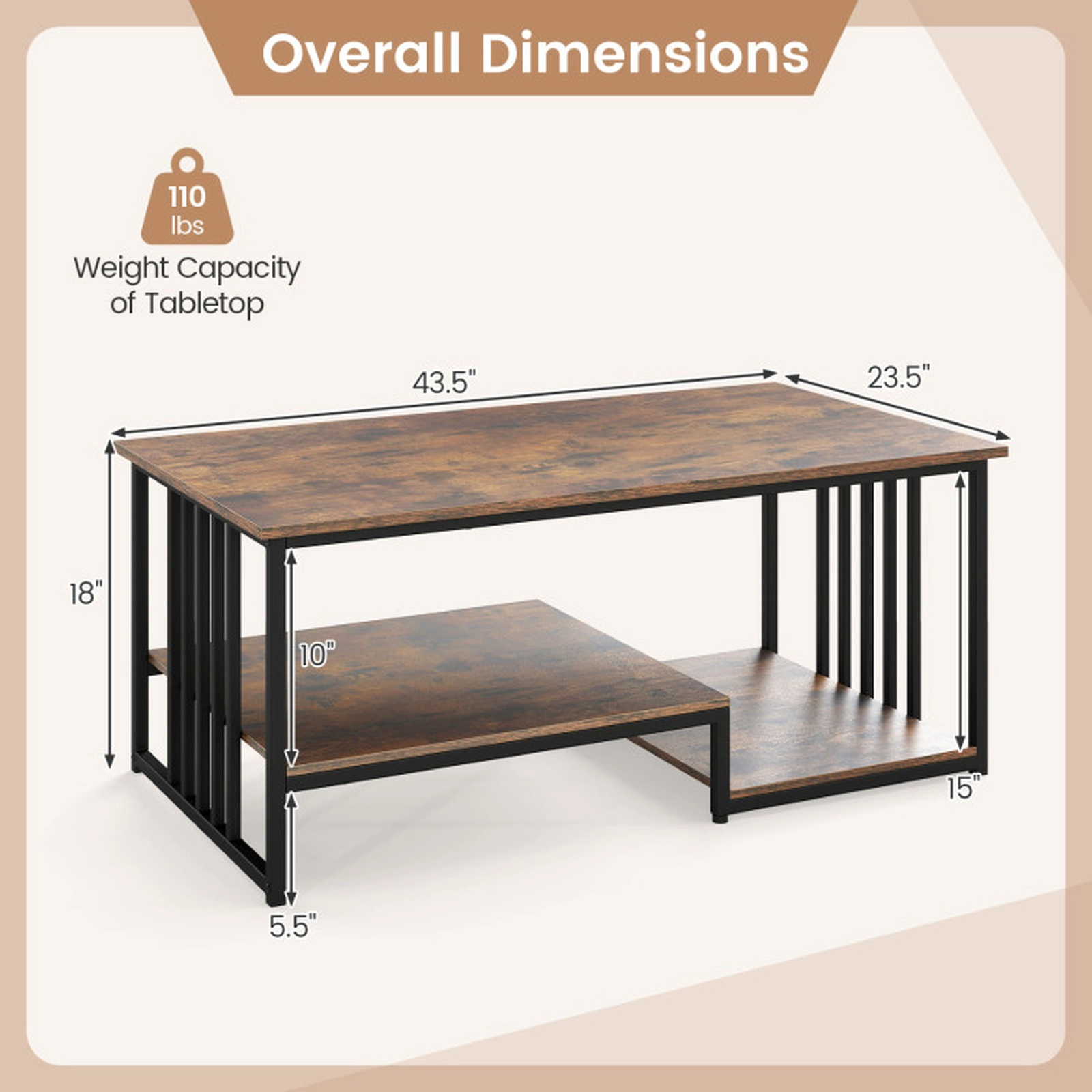 SUGIFT 2-Tier Slatted Metal Frame Open Shelf Coffee Table 43.5-in x 23.5-in x 18-in 110-lb Capacity Rustic Brown