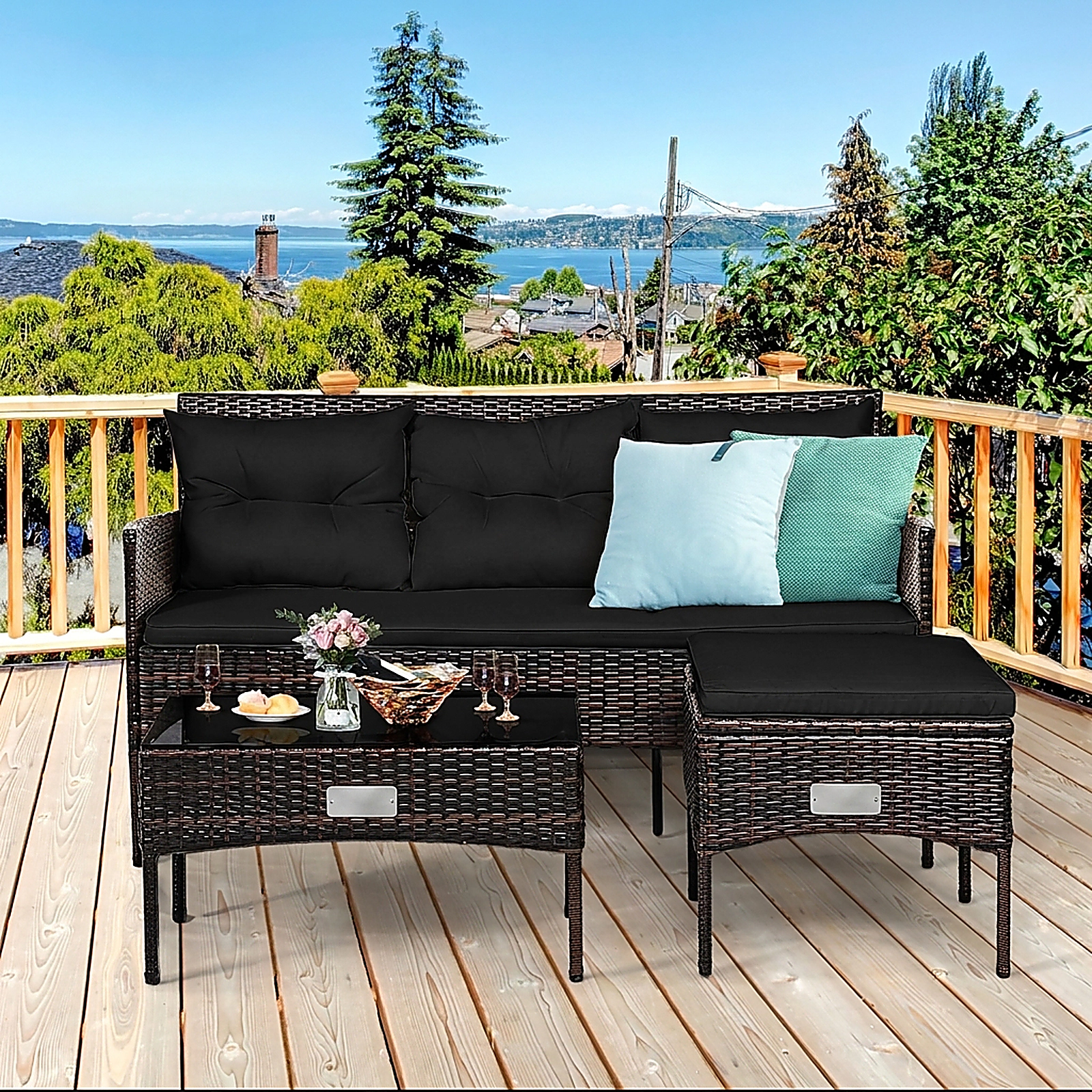SUGIFT 3-Piece Black Rattan Outdoor Sofa Set with Ottoman, Glass Coffee Table and 5 Cushions