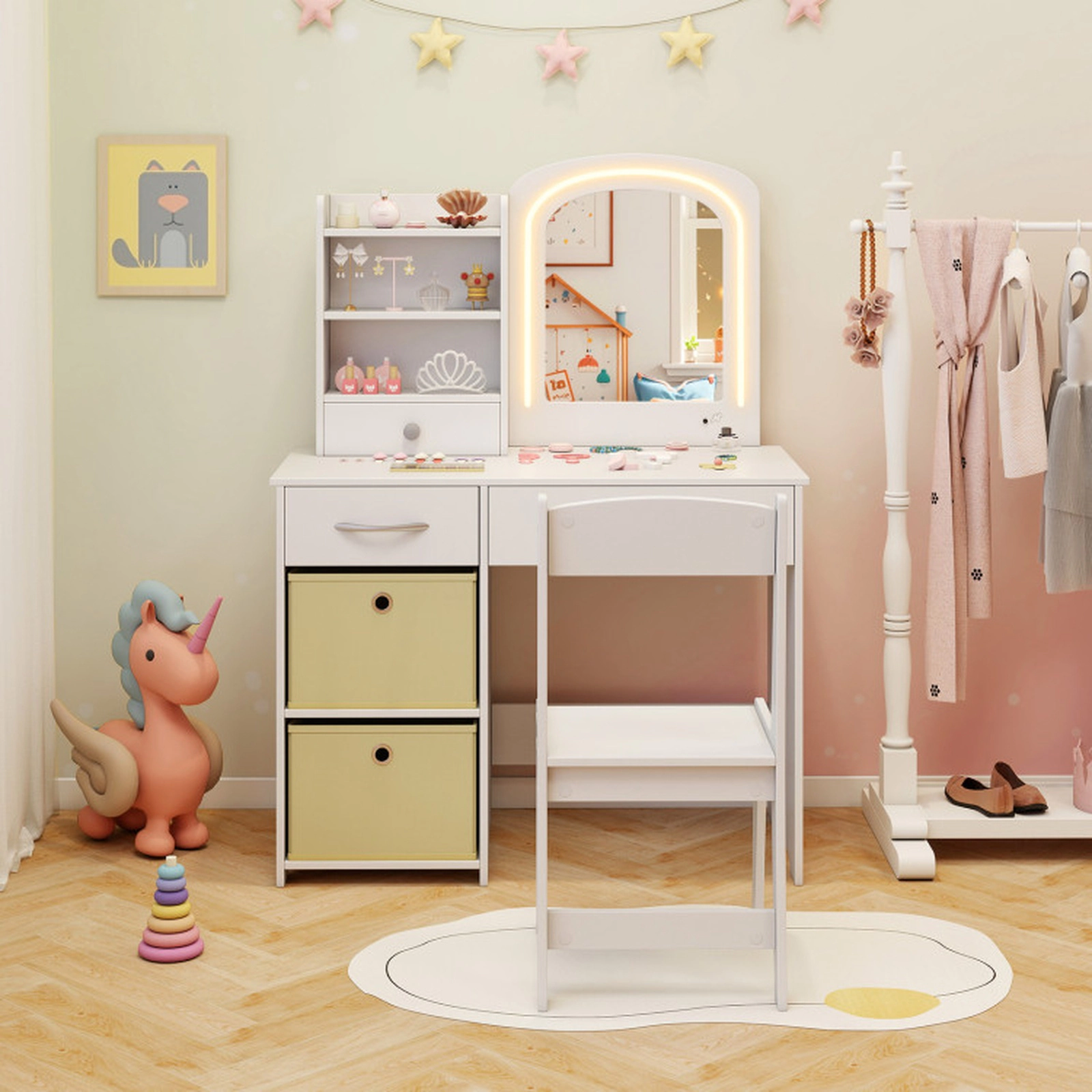 SUGIFT Kids Vanity Set with Lighted Mirror Makeup Desk and Chair 110-lb Tabletop 3+ Years White with Drawers