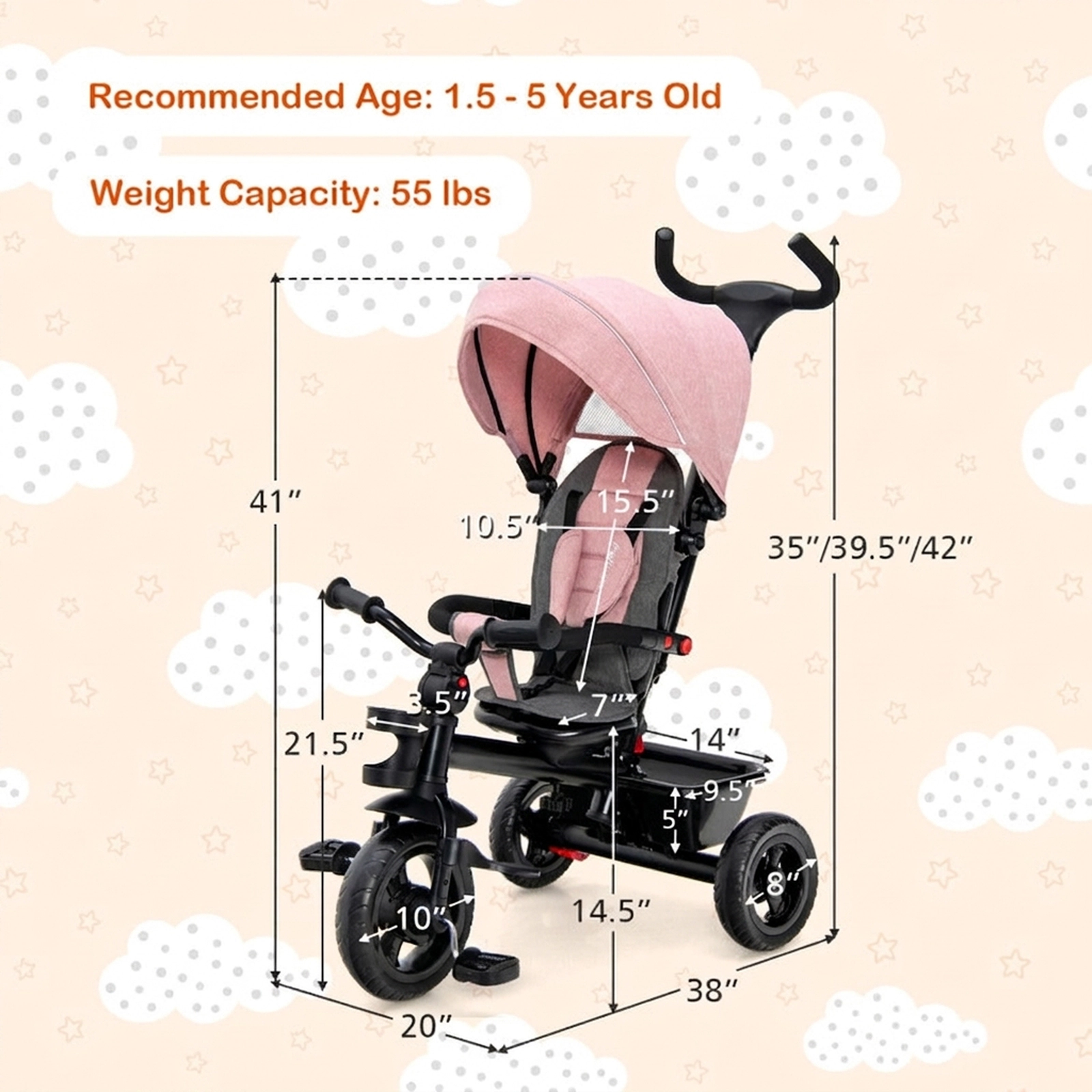 SUGIFT 4-in-1 Convertible Baby Tricycle Toddler Trike Full Size Stroller 55-lb Capacity Ages 1.5-5 Pink
