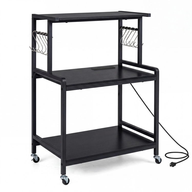 Hivvago 3-Tier Rolling Microwave Cart with Power Outlet and Lockable Wheels 10 Hooks